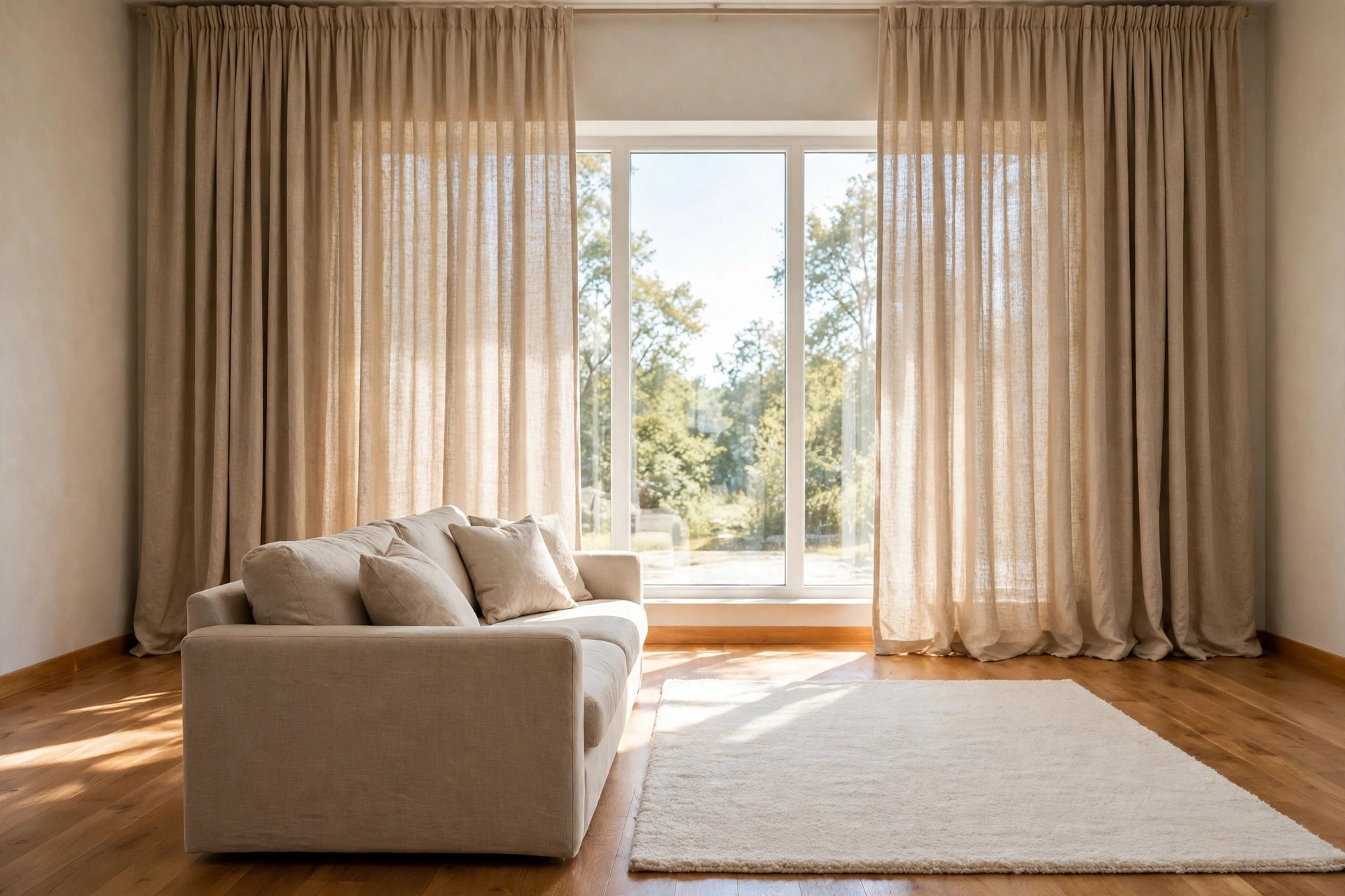 Tall warm greige linen curtains framing a large window above a grey beige sofa and ivory rug, sunlight reaching the warm wood floor