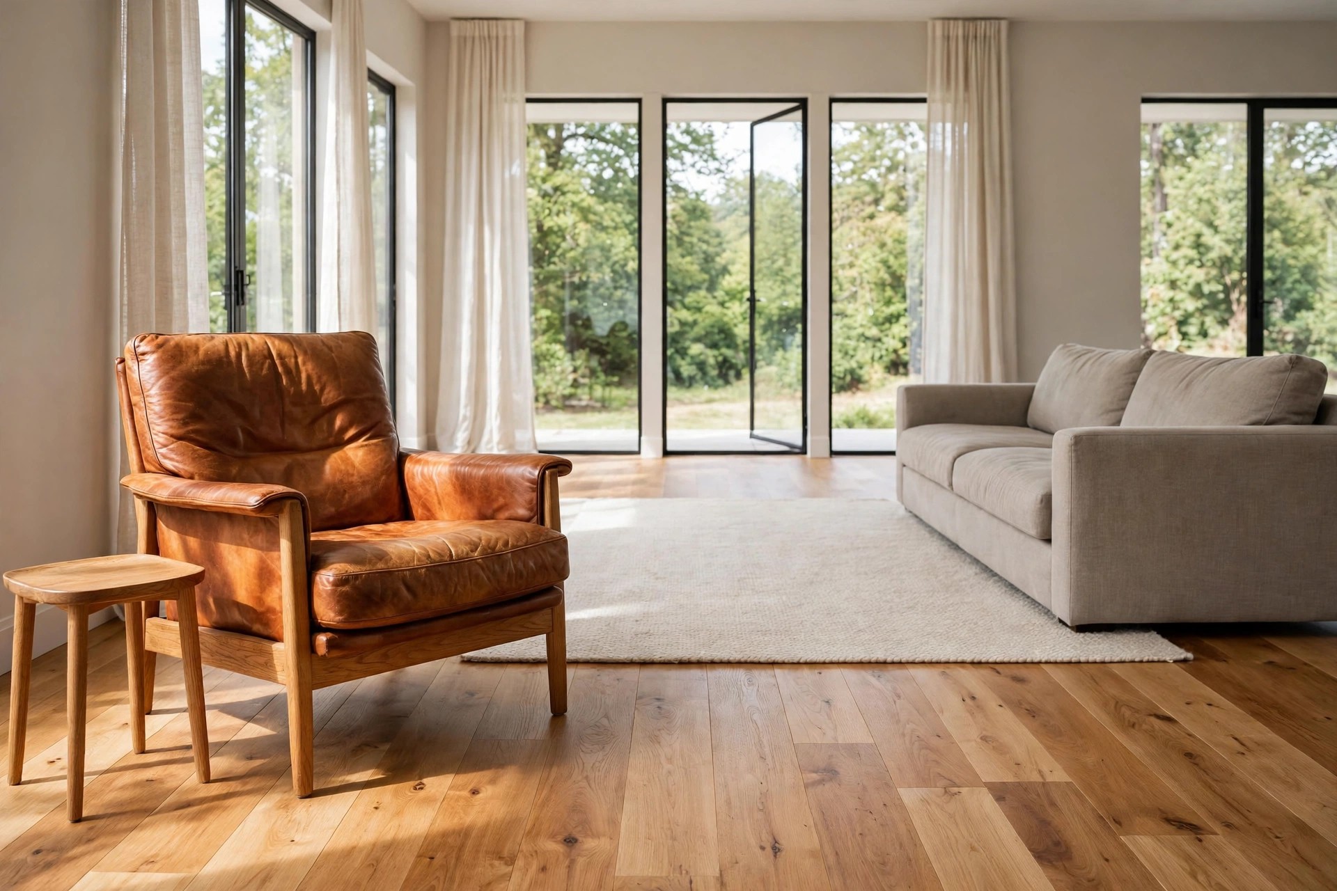 Cognac leather armchair with a small oak side table facing a grey beige sofa across an ivory rug on a warm wood plank floor