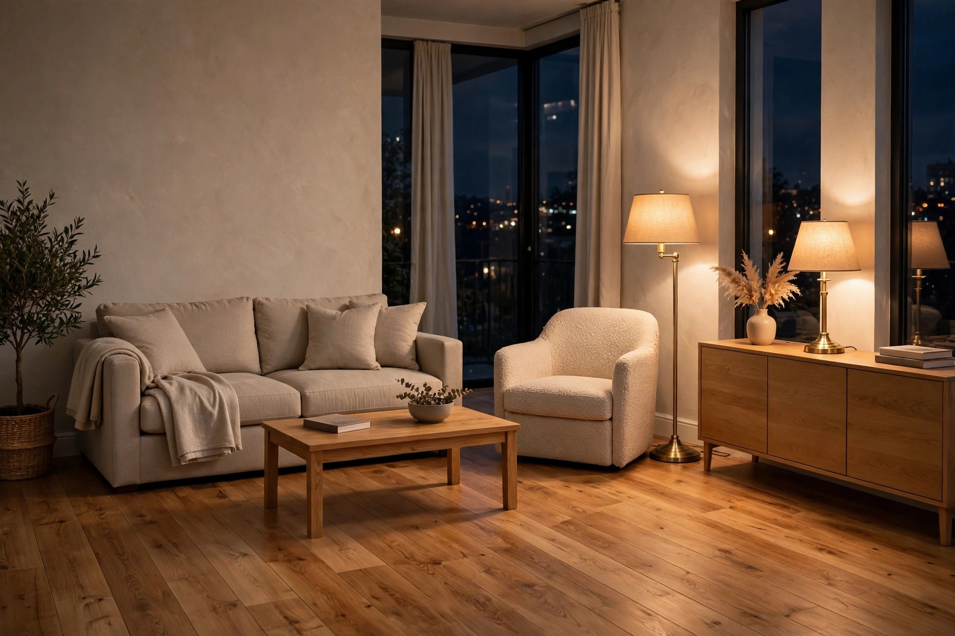 Grey beige living room at night with a glowing brushed brass floor lamp and a brass table lamp on a wooden sideboard, warm wood floor in the foreground