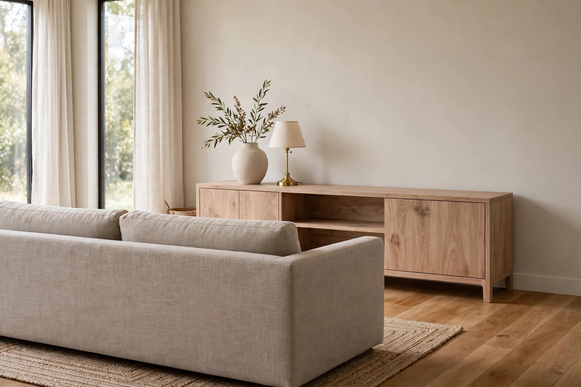 Low pale wood console with a ceramic vase and a small brass lamp along a greige wall, back of a grey beige sofa in front, warm wood floor to the side