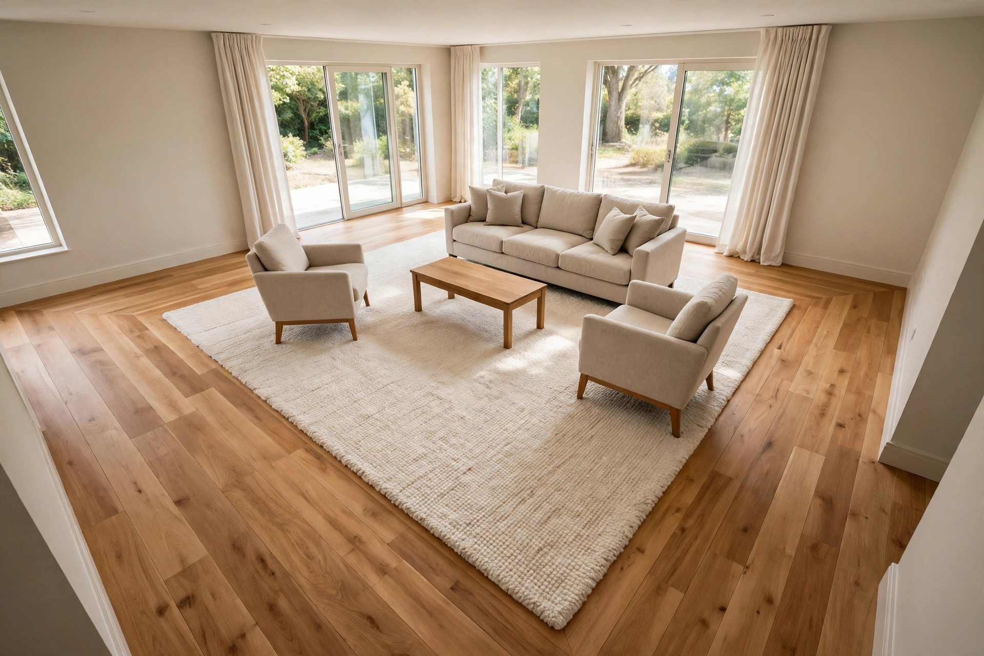 Raised view of a large ivory rug with a wide border of warm wood plank floor showing on all sides, grey beige sofa, two armchairs and an oak coffee table on the rug