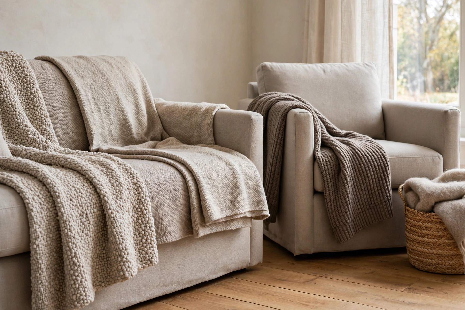 Close view of a nubby oatmeal throw and a smooth beige throw draped over a grey beige sofa, a taupe knit throw on an armchair and a folded wool throw in a woven basket, warm wood floor below