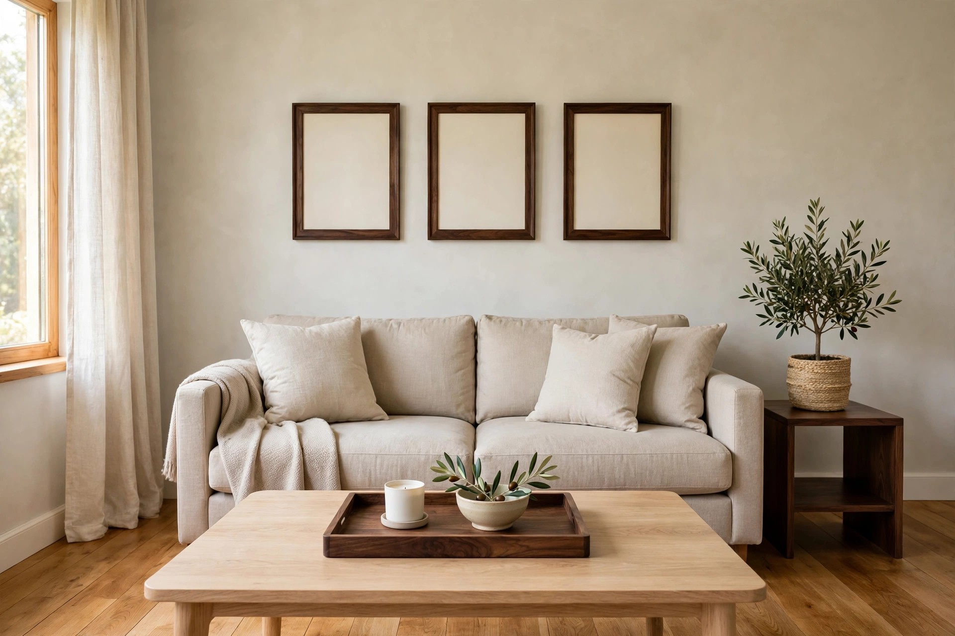 Three dark walnut picture frames above a grey beige sofa, a dark walnut tray on a pale oak coffee table and a dark walnut side table with a potted olive tree, warm wood floor below