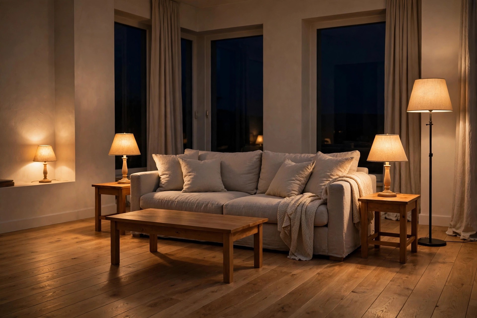 Grey beige living room at night lit by warm table lamps on wooden side tables and a floor lamp, warm light glowing on the wood plank floor around a wooden coffee table