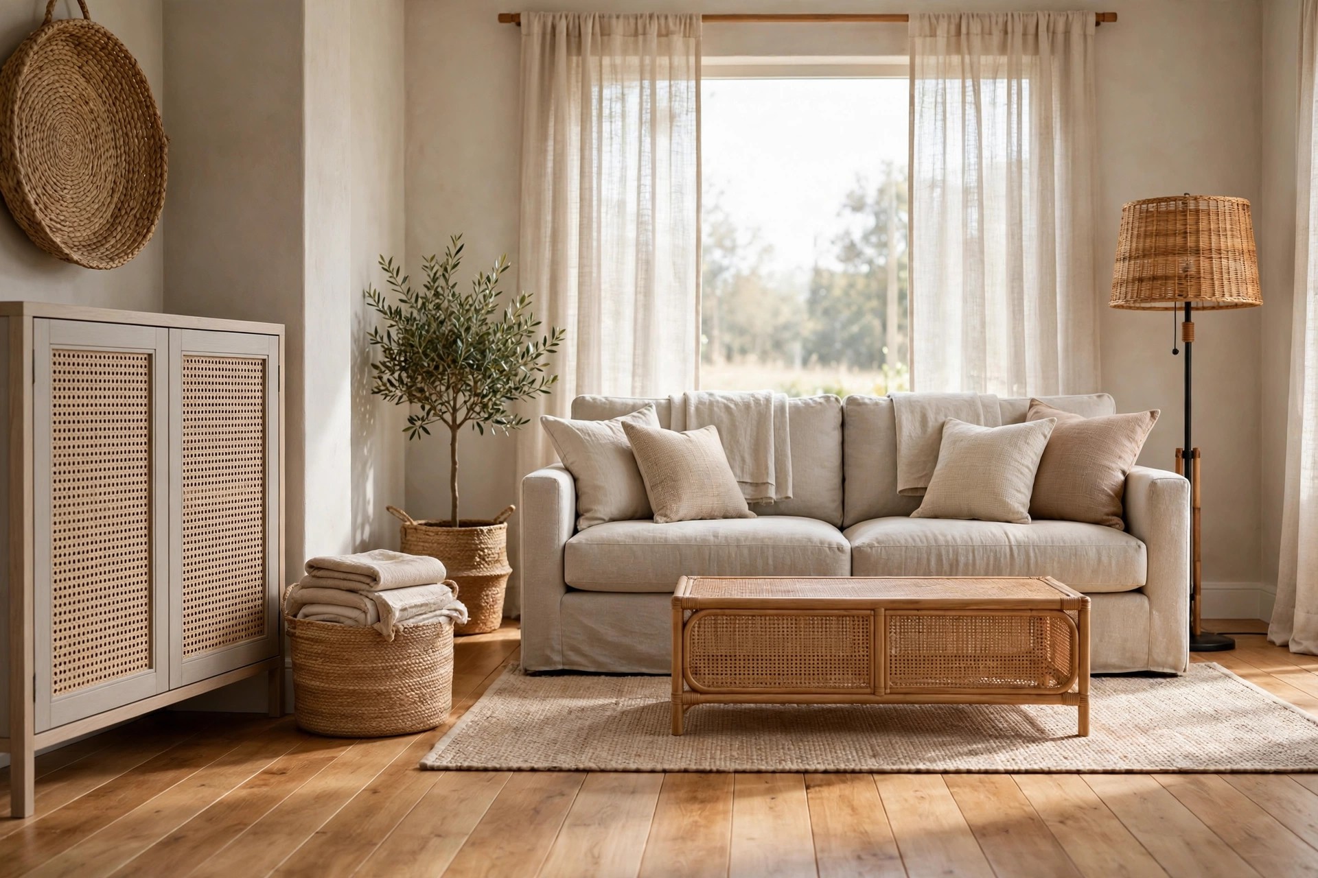 Grey beige sofa with a cane fronted rattan coffee table, a cane door cabinet, woven jute baskets with folded throws and a rattan lampshade, warm wood floor in the foreground