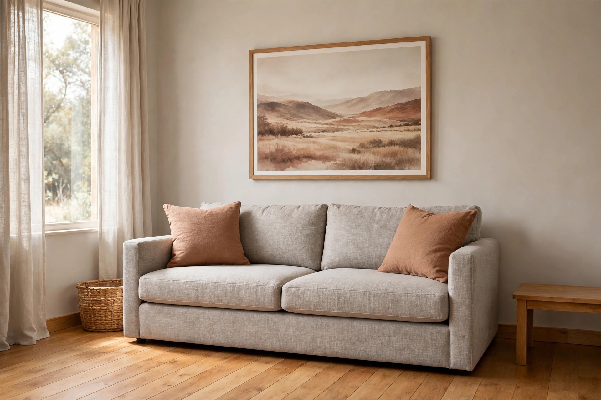 Large framed landscape print in tan and clay tones above a grey beige sofa with two clay colored cushions, warm wood plank floor below