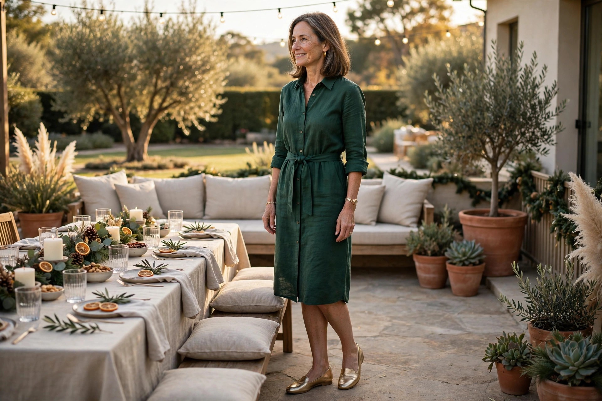 Rectangle shaped woman wearing a belted deep green shirt dress with metallic gold flat shoes at a daytime holiday gathering