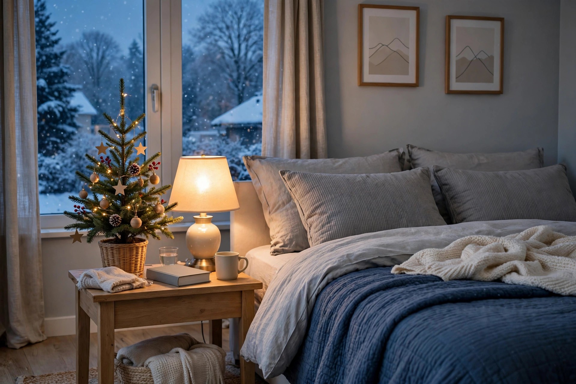 Small tabletop Christmas tree with simple ornaments on a teen nightstand