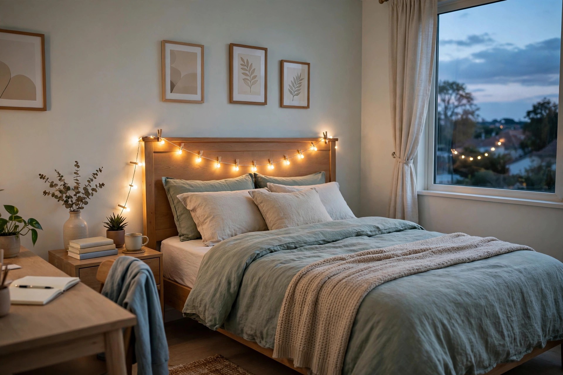 Warm string lights clipped in a curve along a teen headboard
