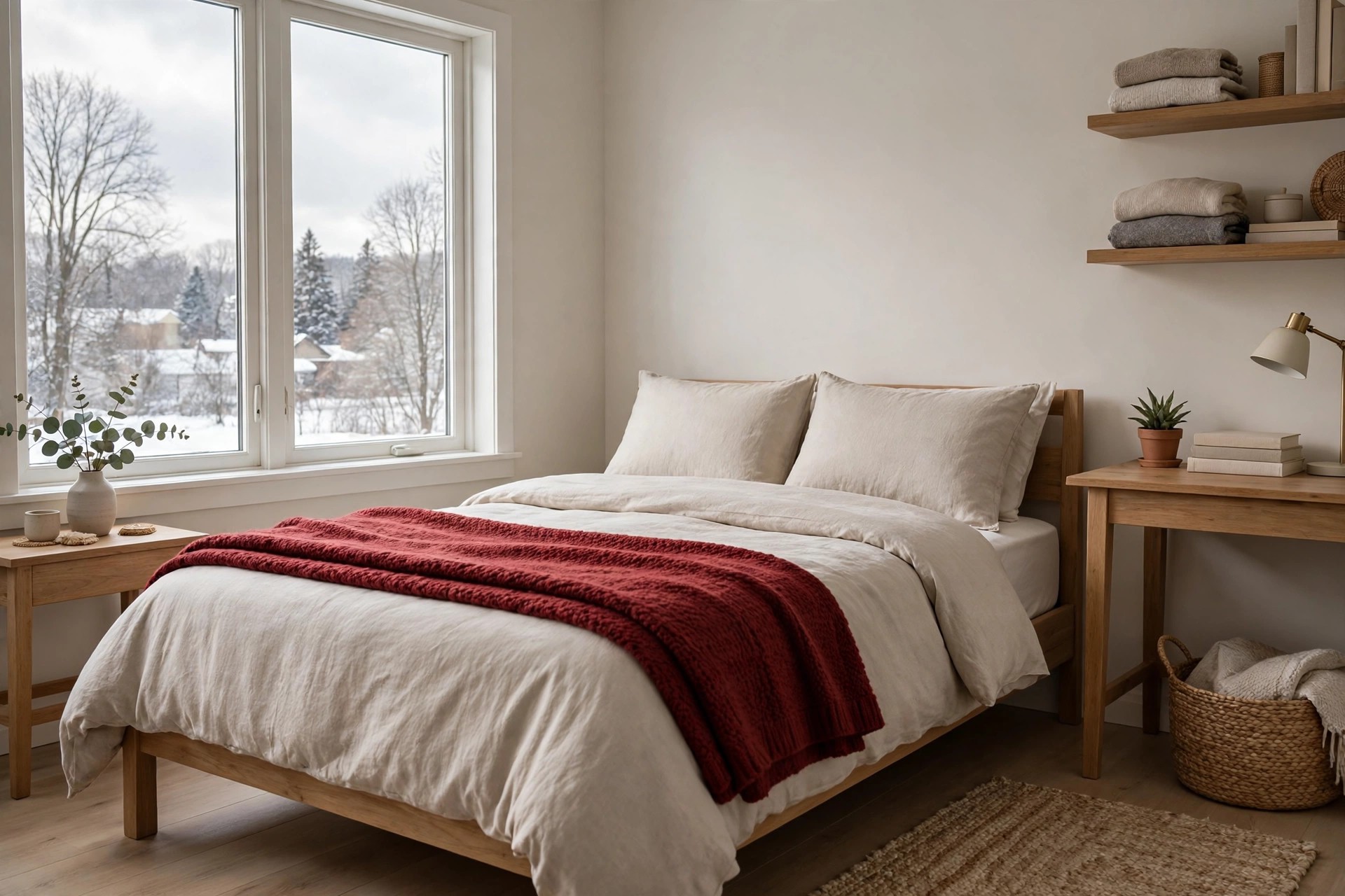 Deep red throw folded at the foot of a teen bed with a snowy window behind