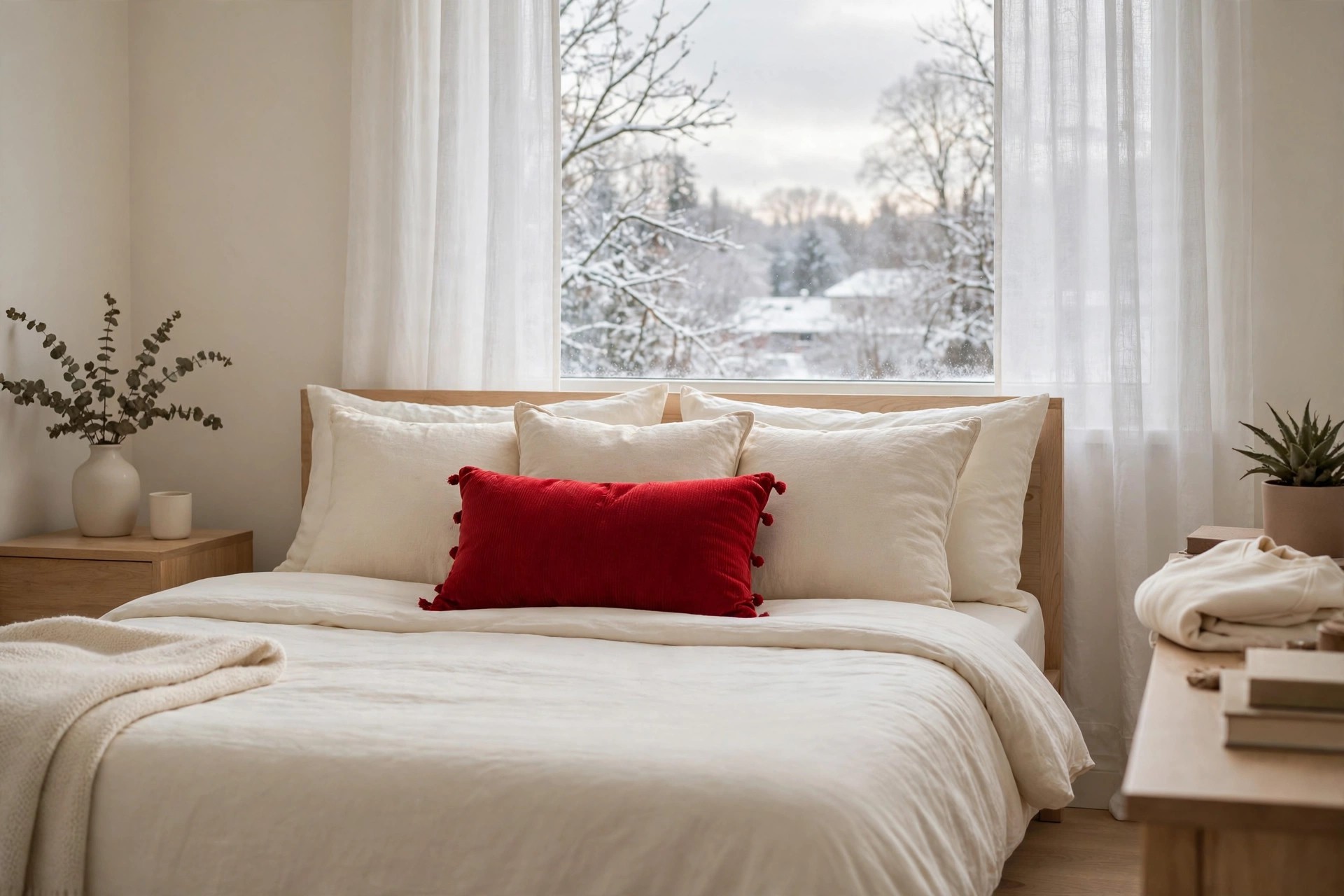 One red cushion in front of plain cream cushions on a teen bed