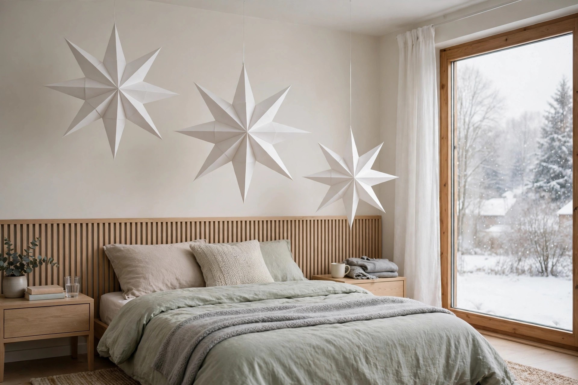 Three large white paper stars hanging above a teen headboard