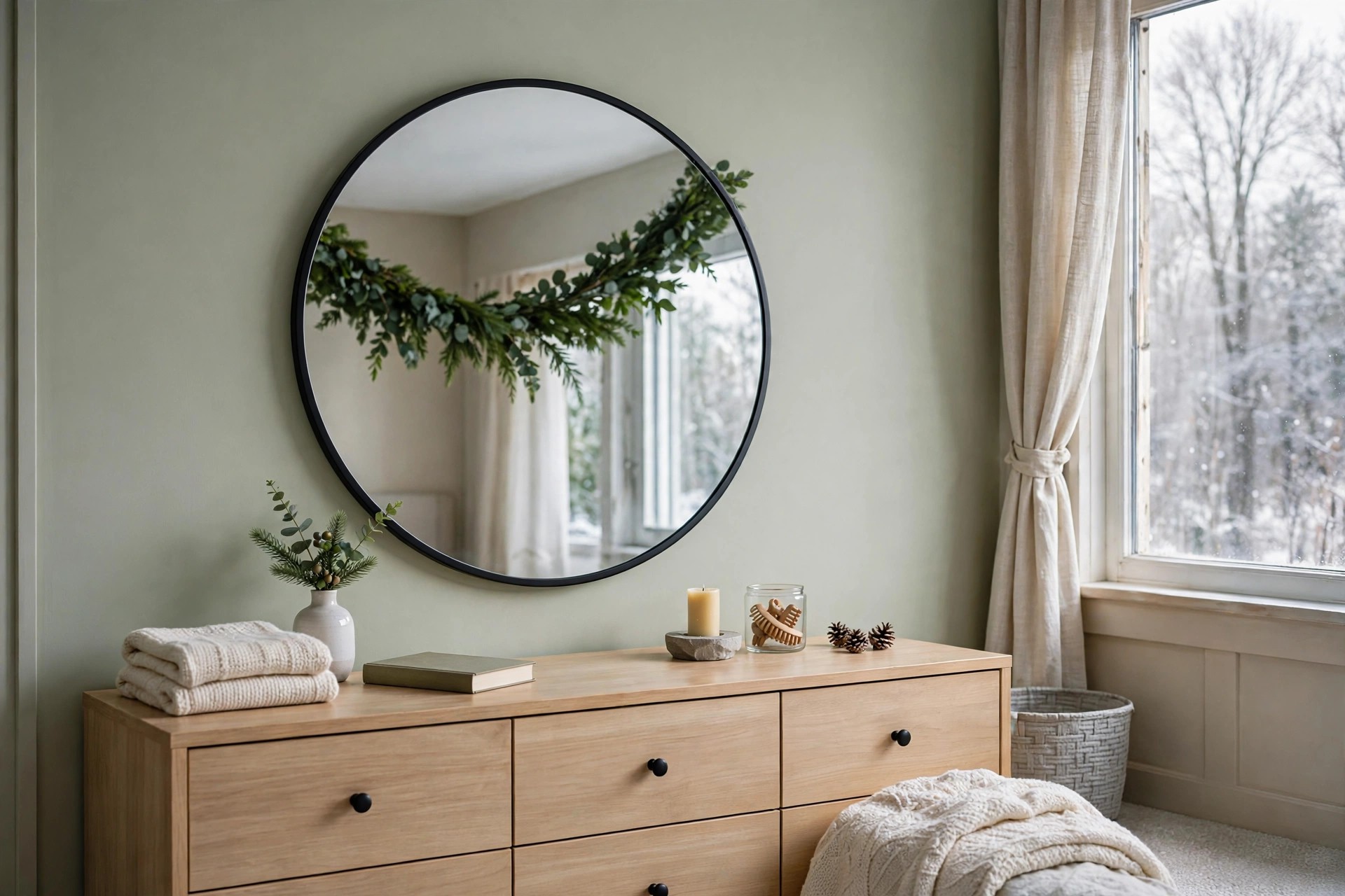 Green garland draped across a round mirror over a teen dresser