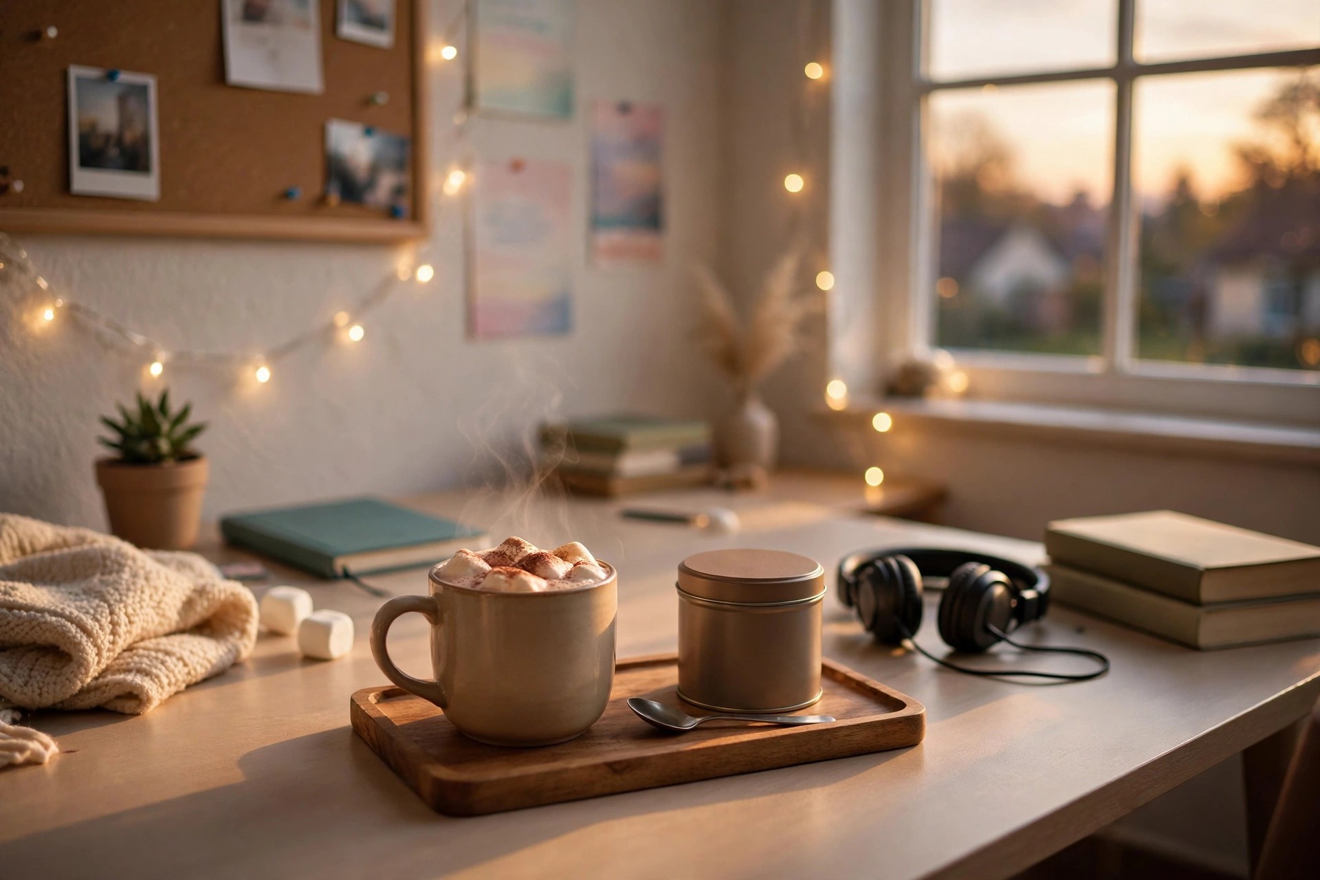Desk tray with a steaming mug of cocoa, a small tin and a spoon