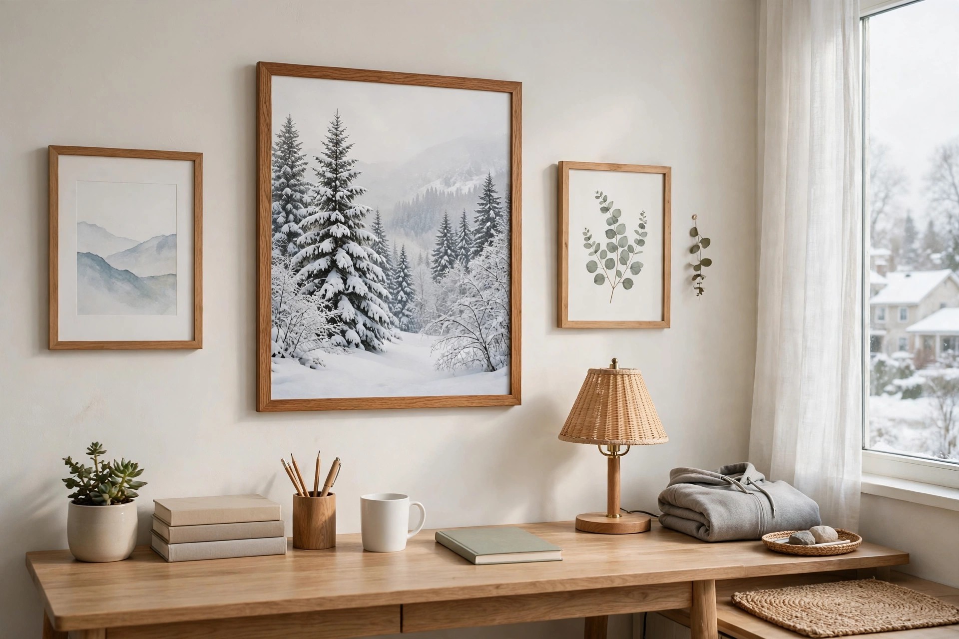 Large framed snowy pine print above a teen desk