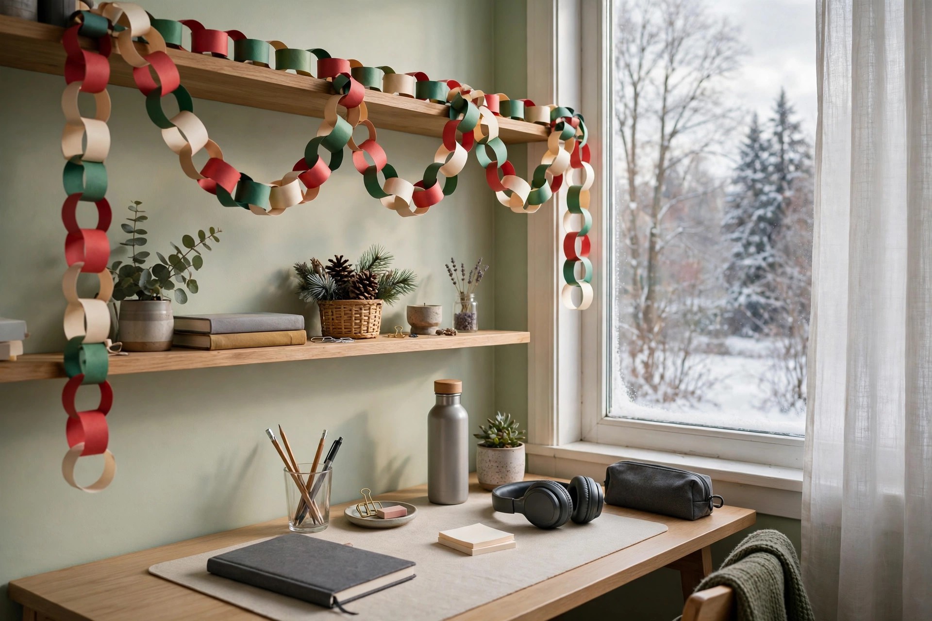 Red, green and cream paper chain looped along a teen bedroom shelf