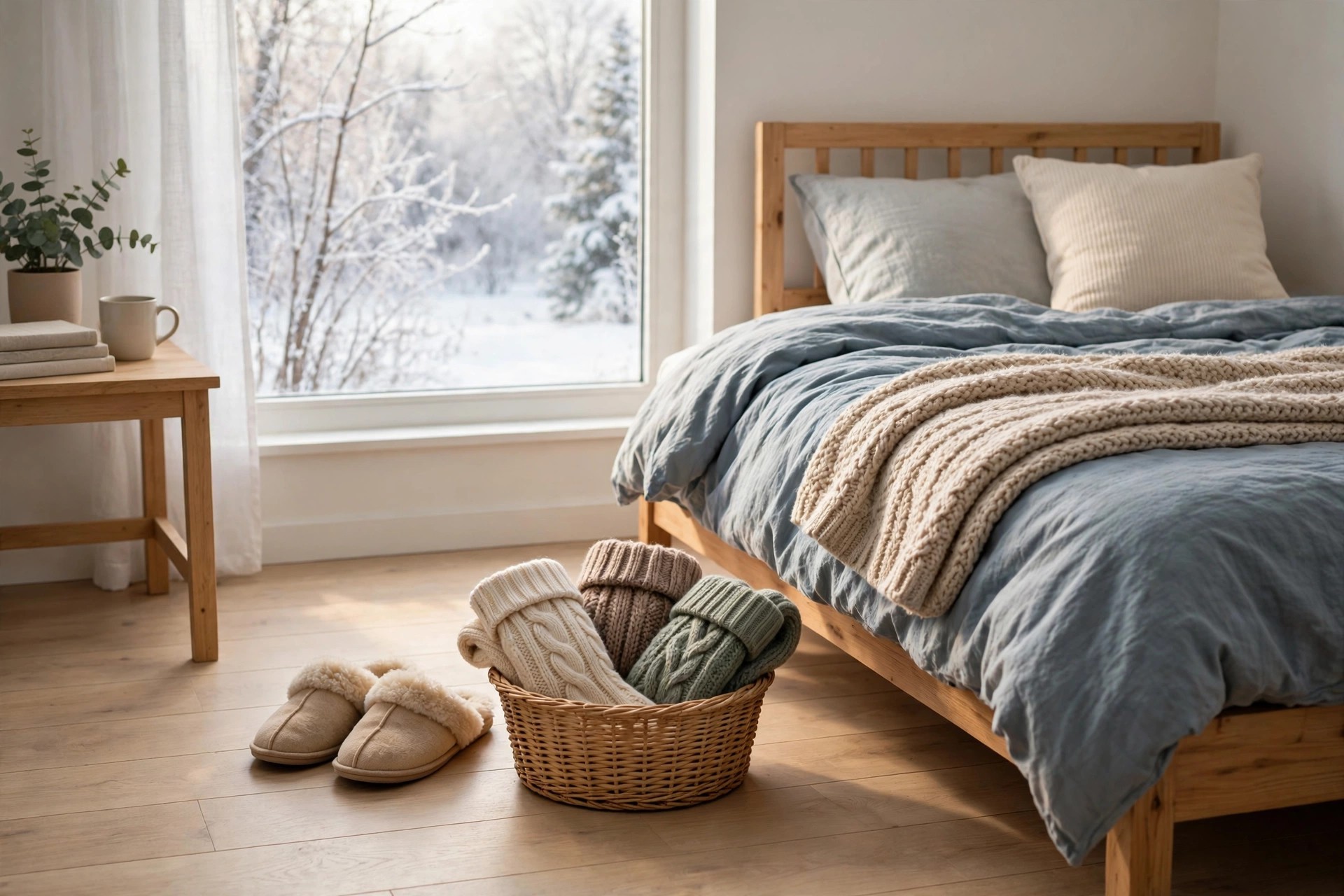 Basket of thick knit socks and slippers beside a teen bed