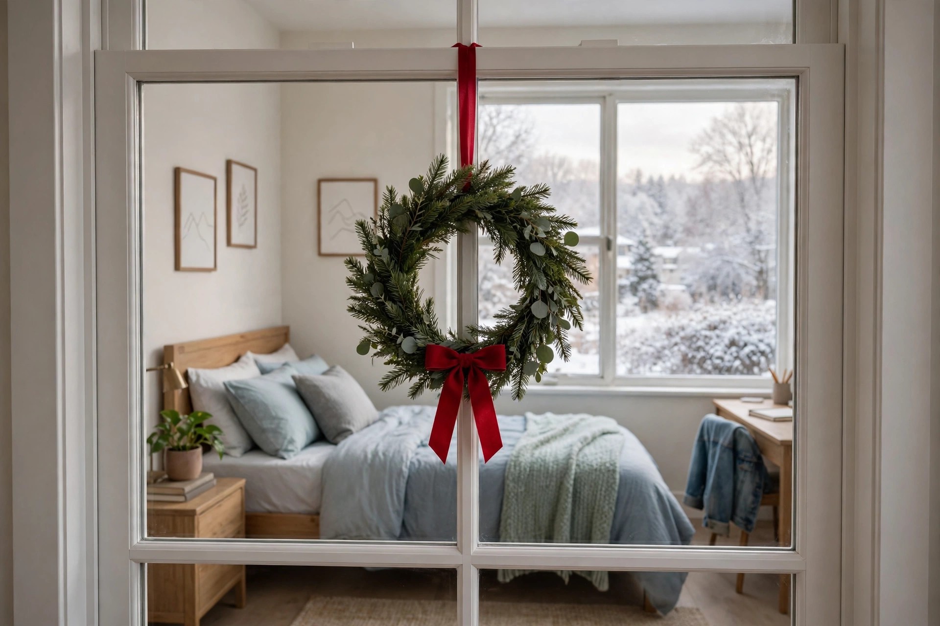Small green wreath with a red ribbon hanging inside a bedroom window with the bed behind