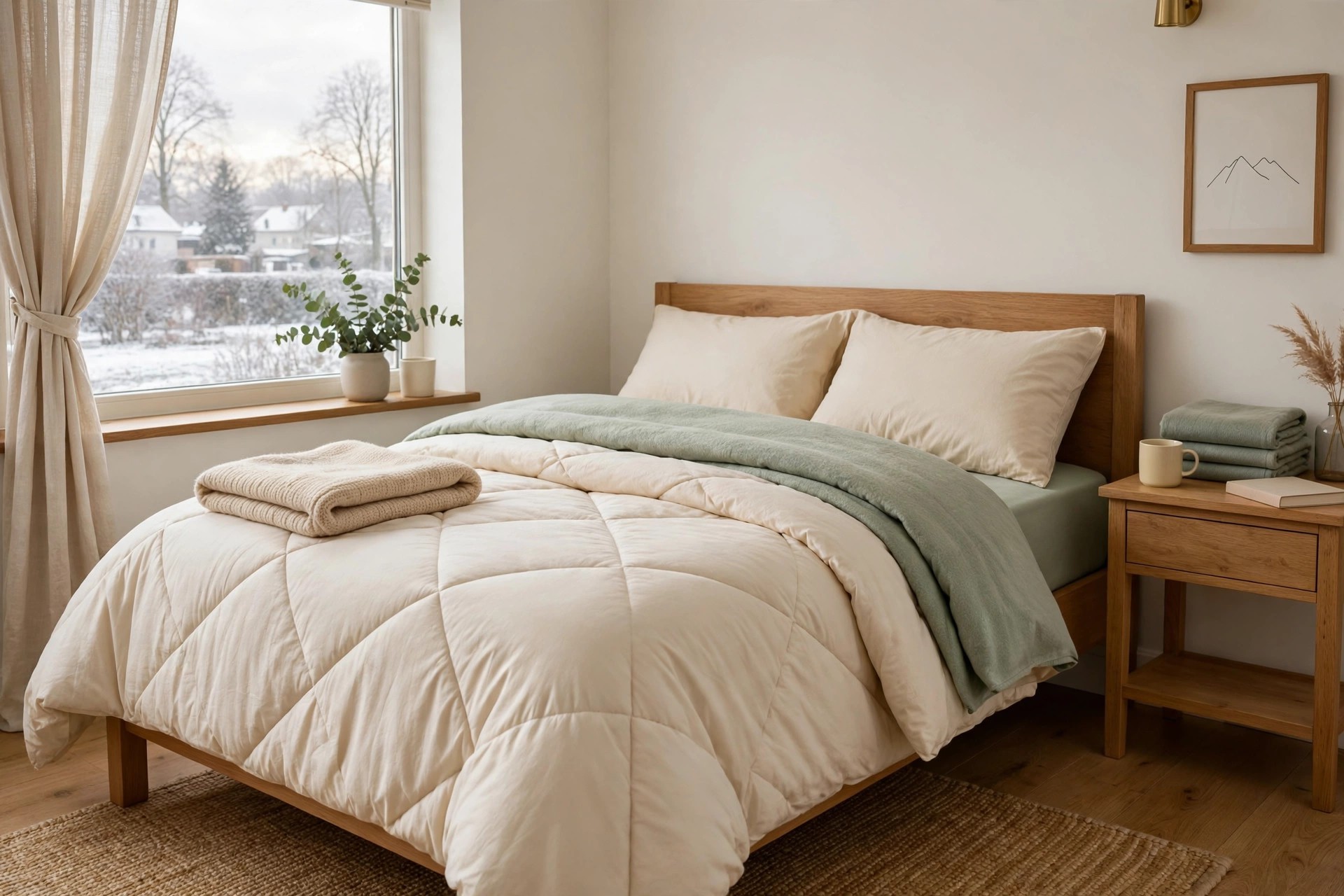 Layered warm teen bed with a folded throw and a snowy window