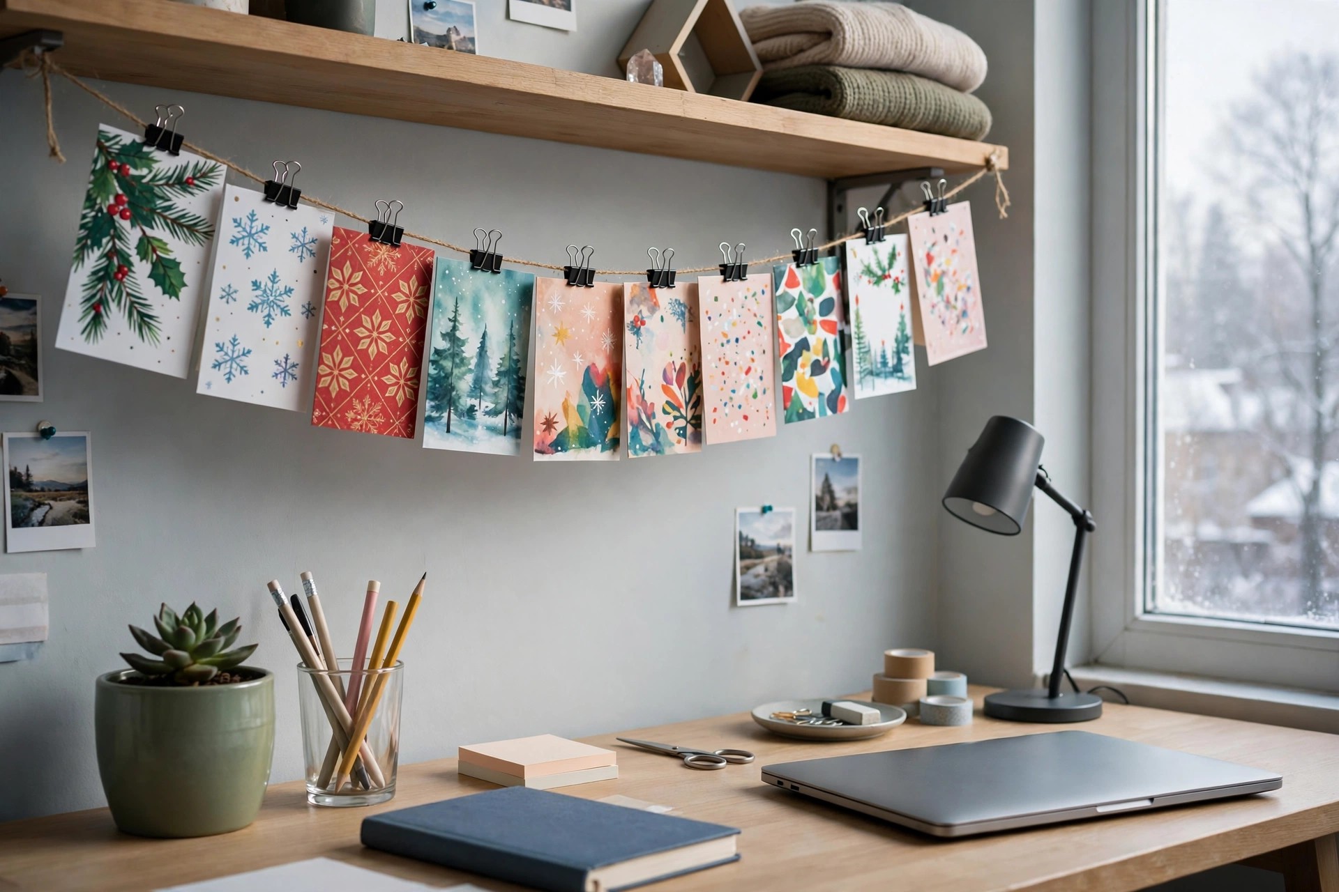 Holiday cards with pattern designs clipped on a string under a shelf
