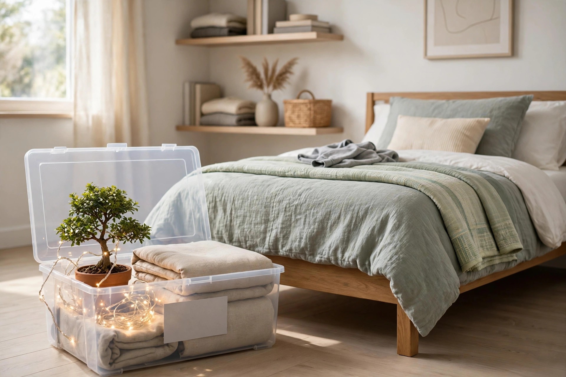 Open clear storage box with a mini tree, string lights and folded festive linens beside a bed