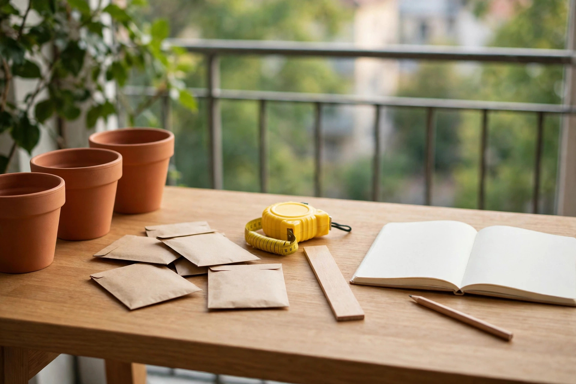 Blank brown seed packets, a yellow tape measure, a ruler, a pencil and an open blank notebook on a wooden balcony table beside three empty terracotta pots