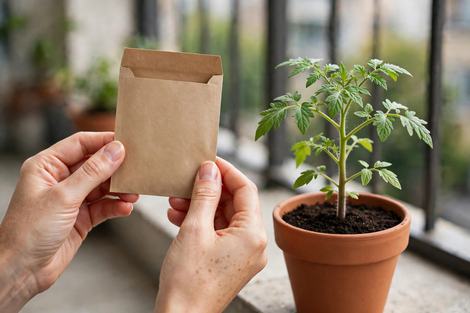 Hands holding a blank brown seed packet beside a young tomato plant in a terracotta pot on a balcony