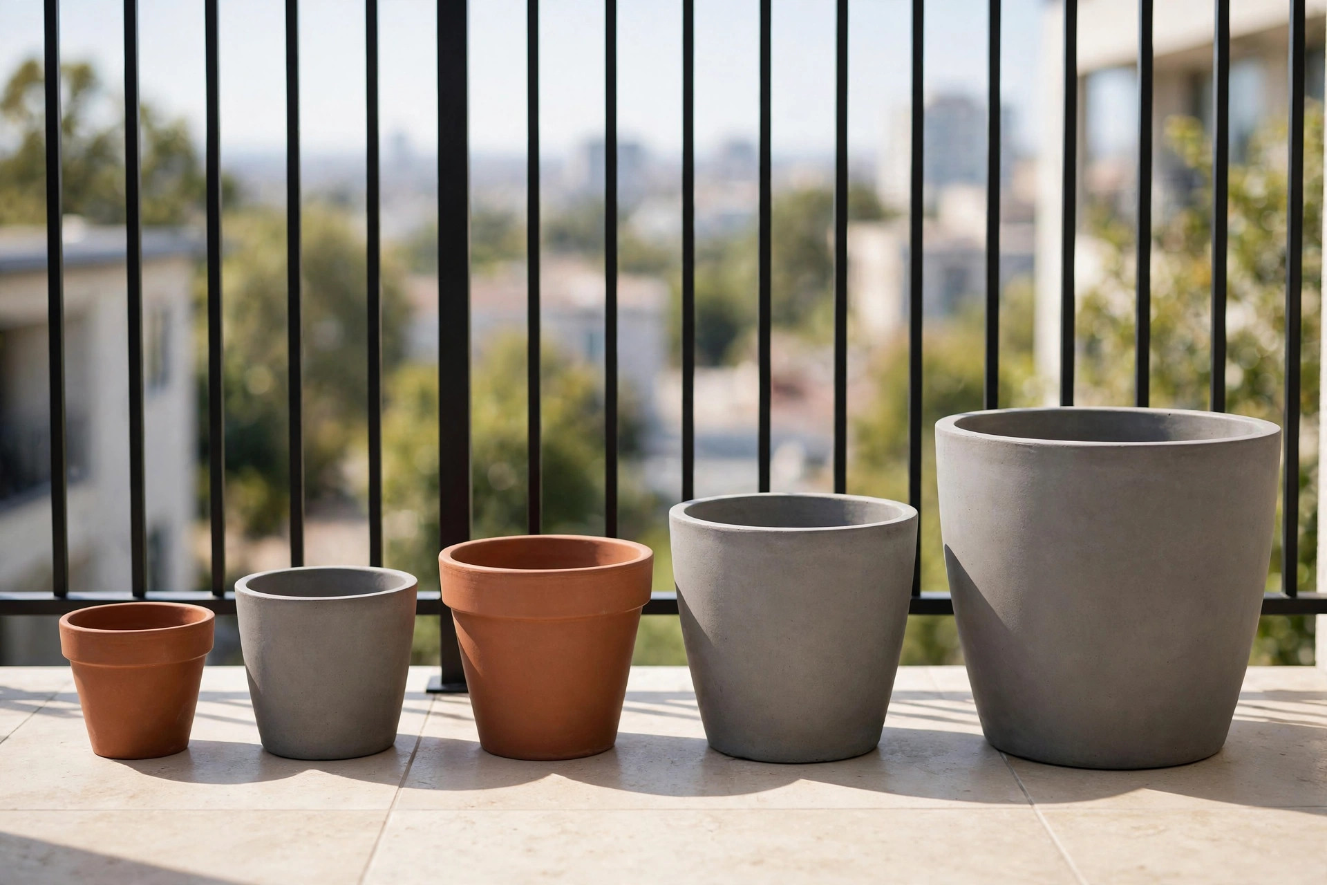 Five empty pots in increasing sizes, from a small terracotta pot to a large grey pot, in a row on a sunny balcony floor