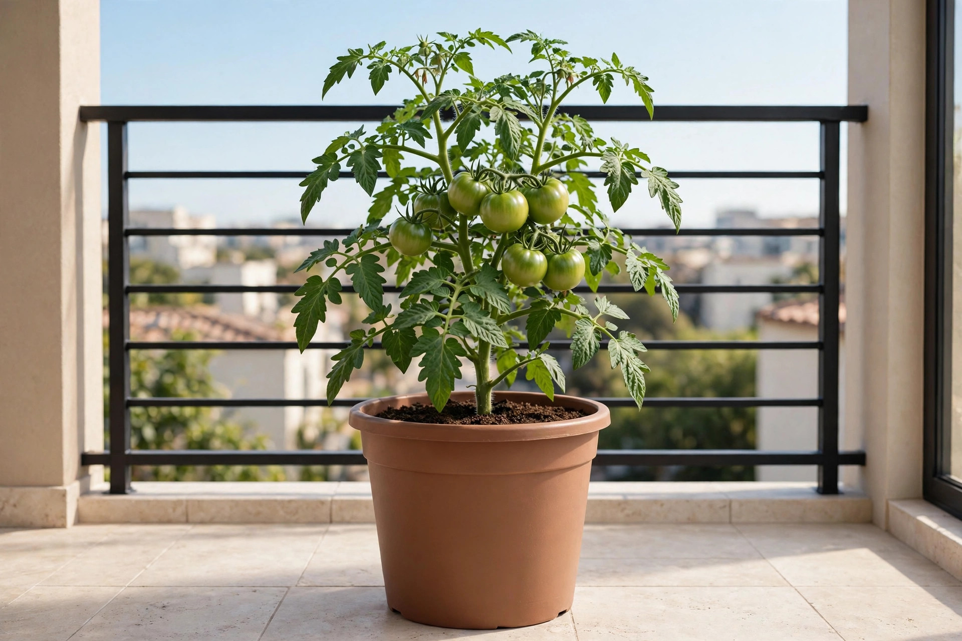 One tomato plant with green fruit growing alone in a large terracotta pot on a sunny tiled balcony