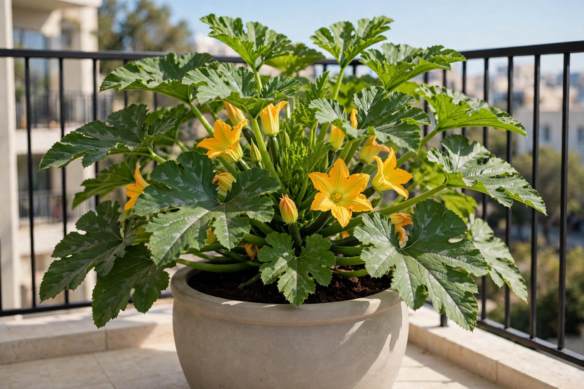 One zucchini plant with broad leaves and yellow flowers filling a large grey pot on a sunny balcony