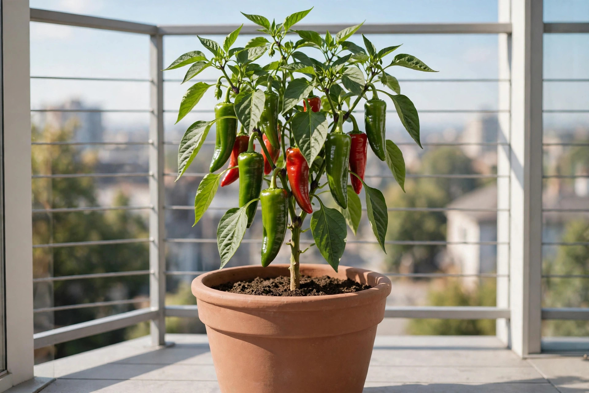 One pepper plant with green and red peppers growing alone in a large terracotta pot on a sunny balcony