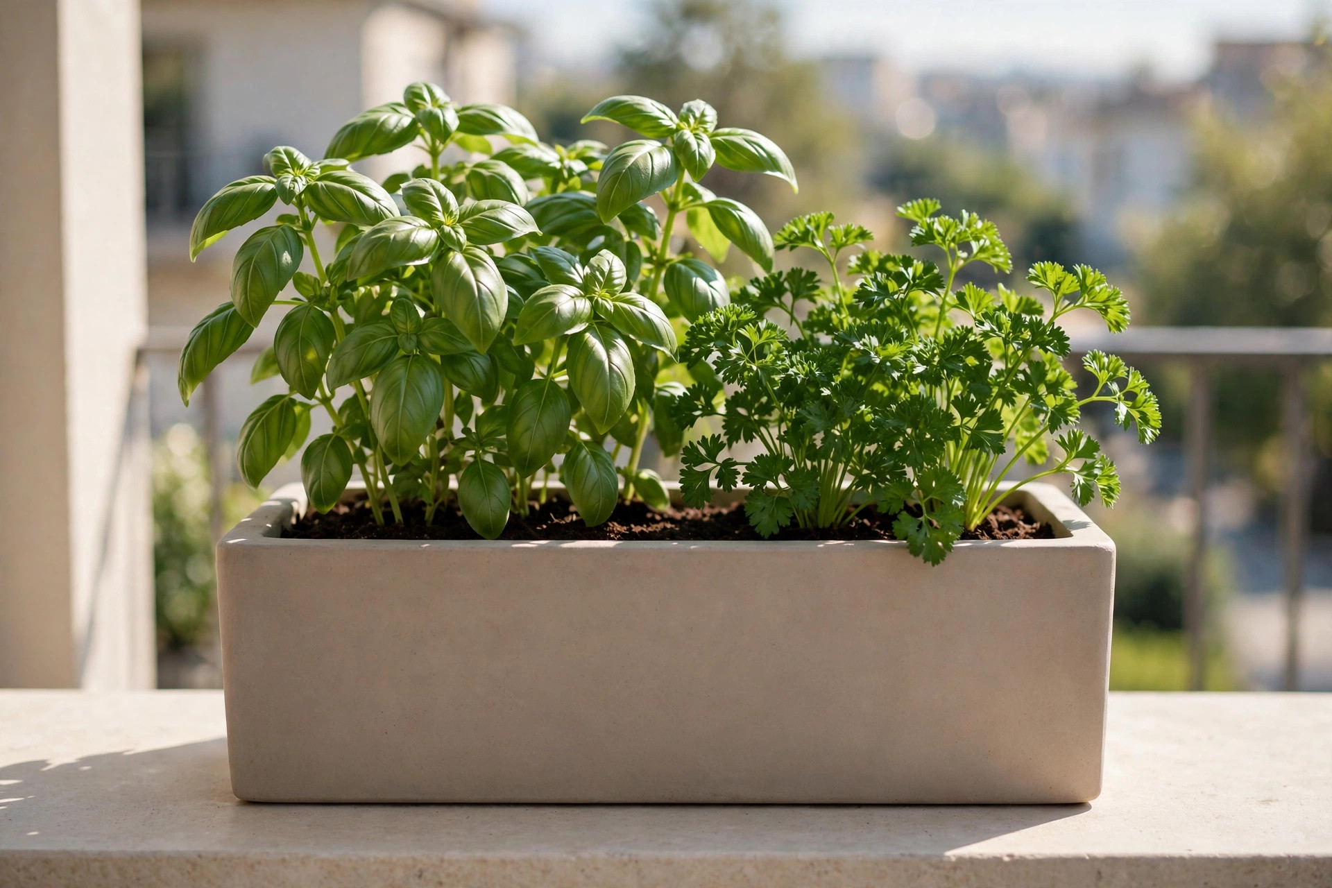 Basil and parsley plants sharing one long rectangular planter on a sunny balcony ledge
