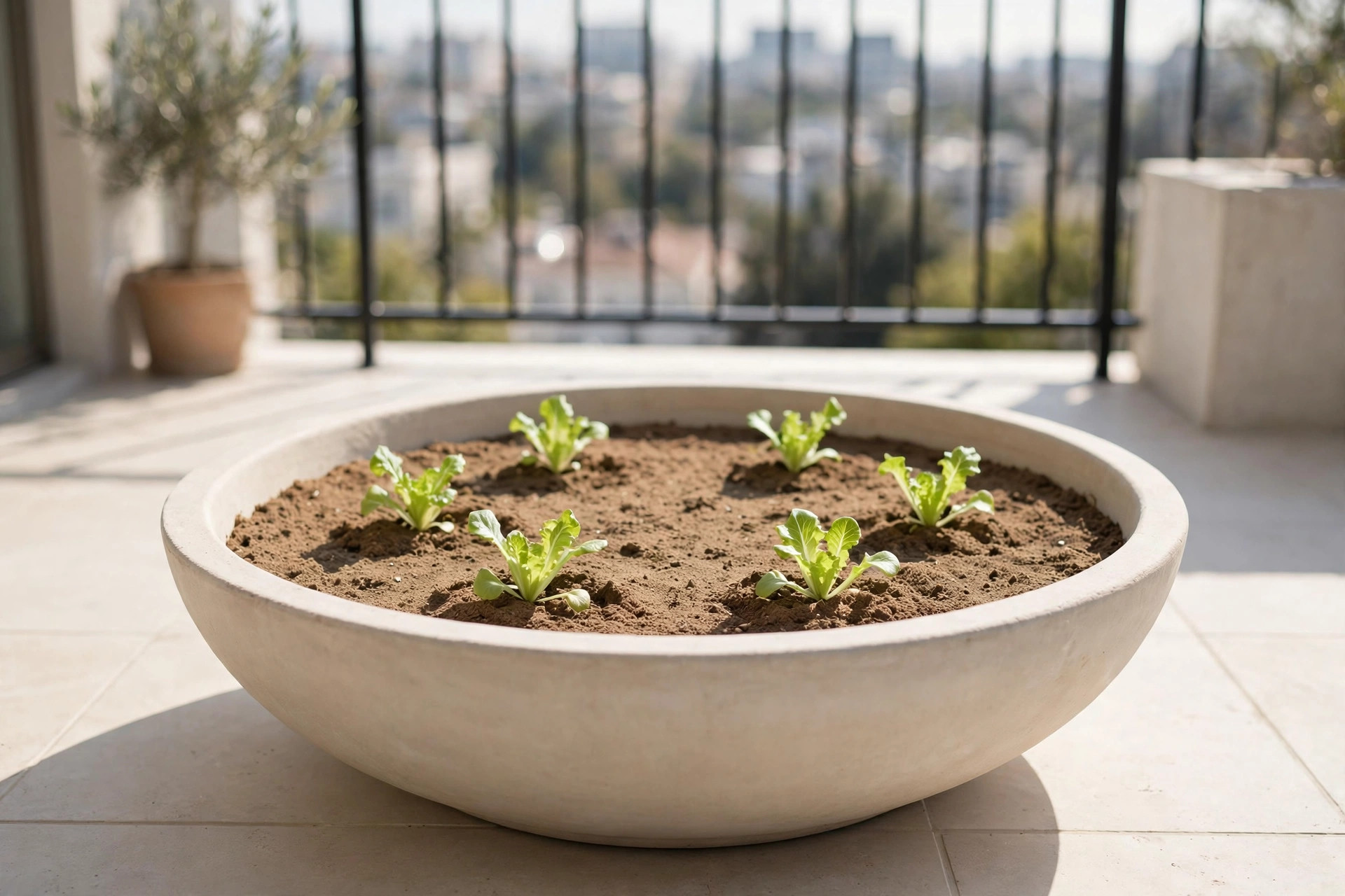 Six young lettuce plants spaced widely apart in a wide shallow bowl planter on a sunny balcony
