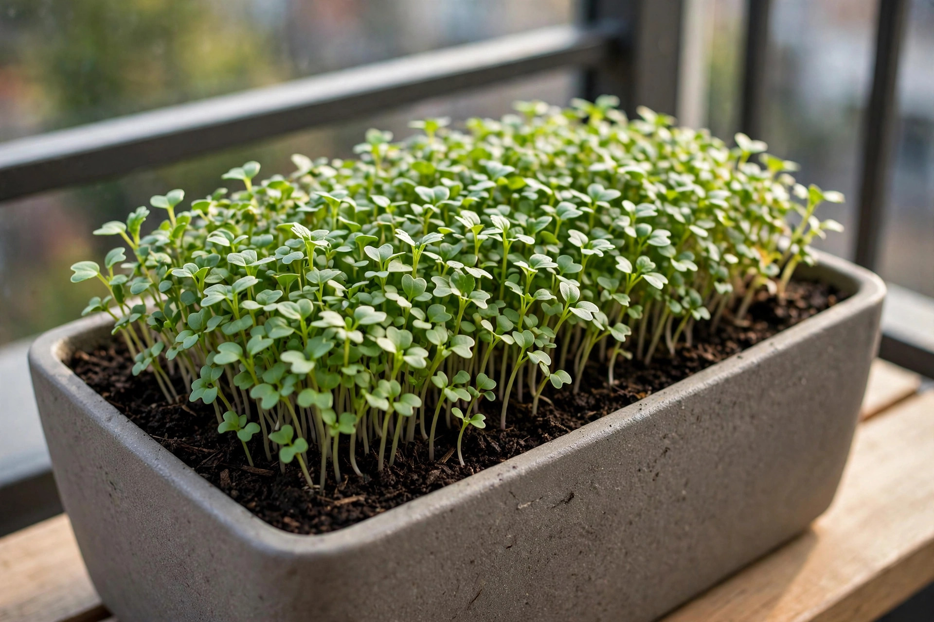 A rectangular planter packed with crowded green seedlings before thinning, on a balcony ledge