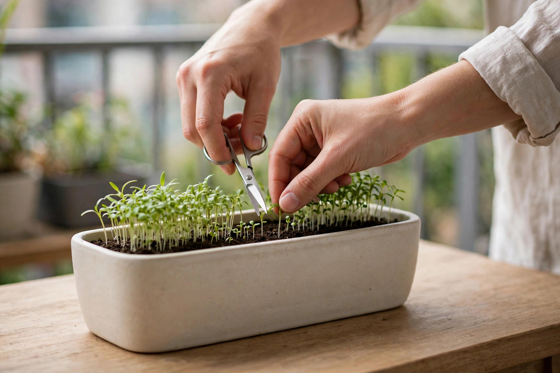 Hands snipping a small seedling at soil level with scissors to thin a crowded planter of seedlings on a balcony table