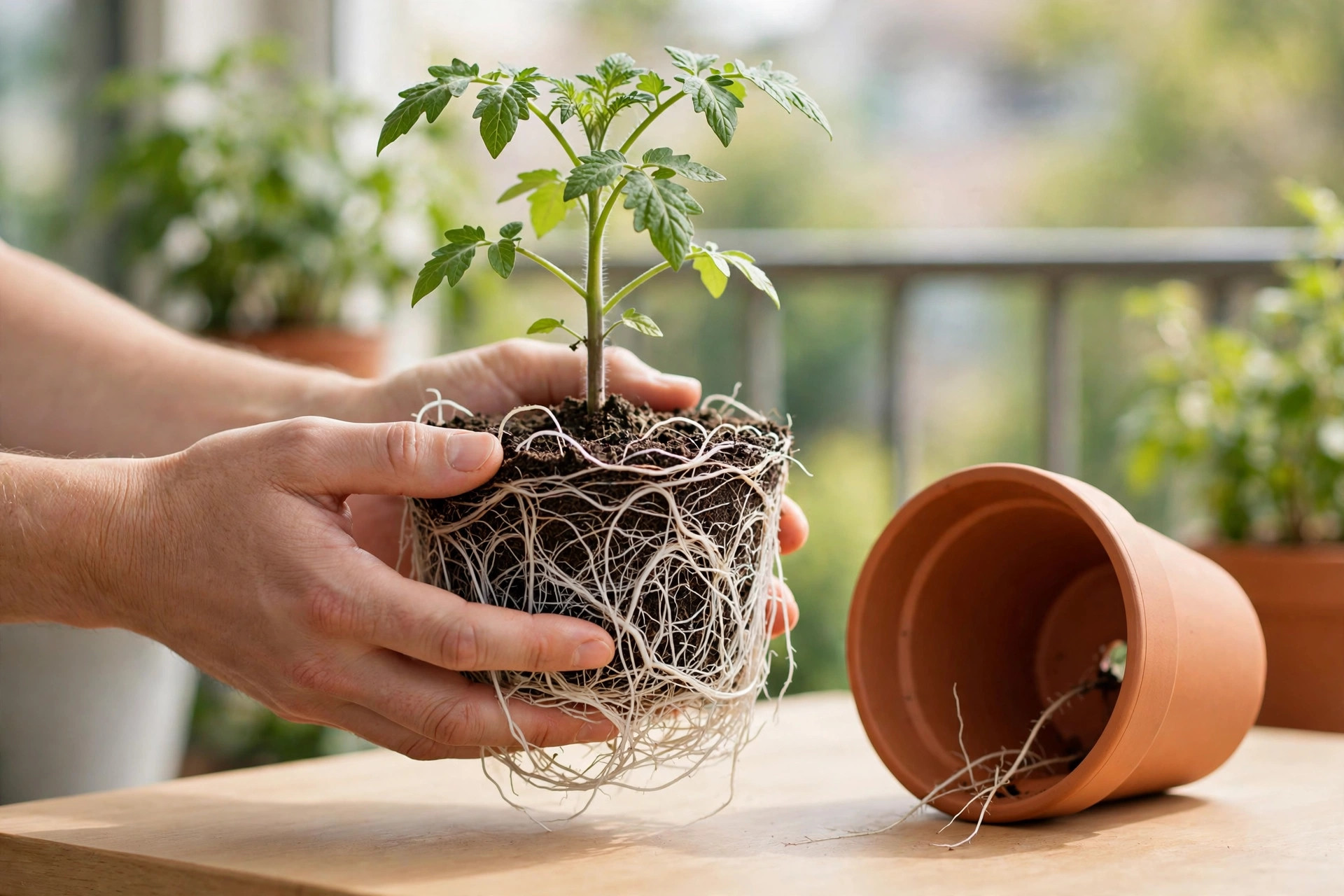 Hands holding the root ball of a young tomato plant, with white roots circling the soil, beside its empty terracotta pot on a balcony table