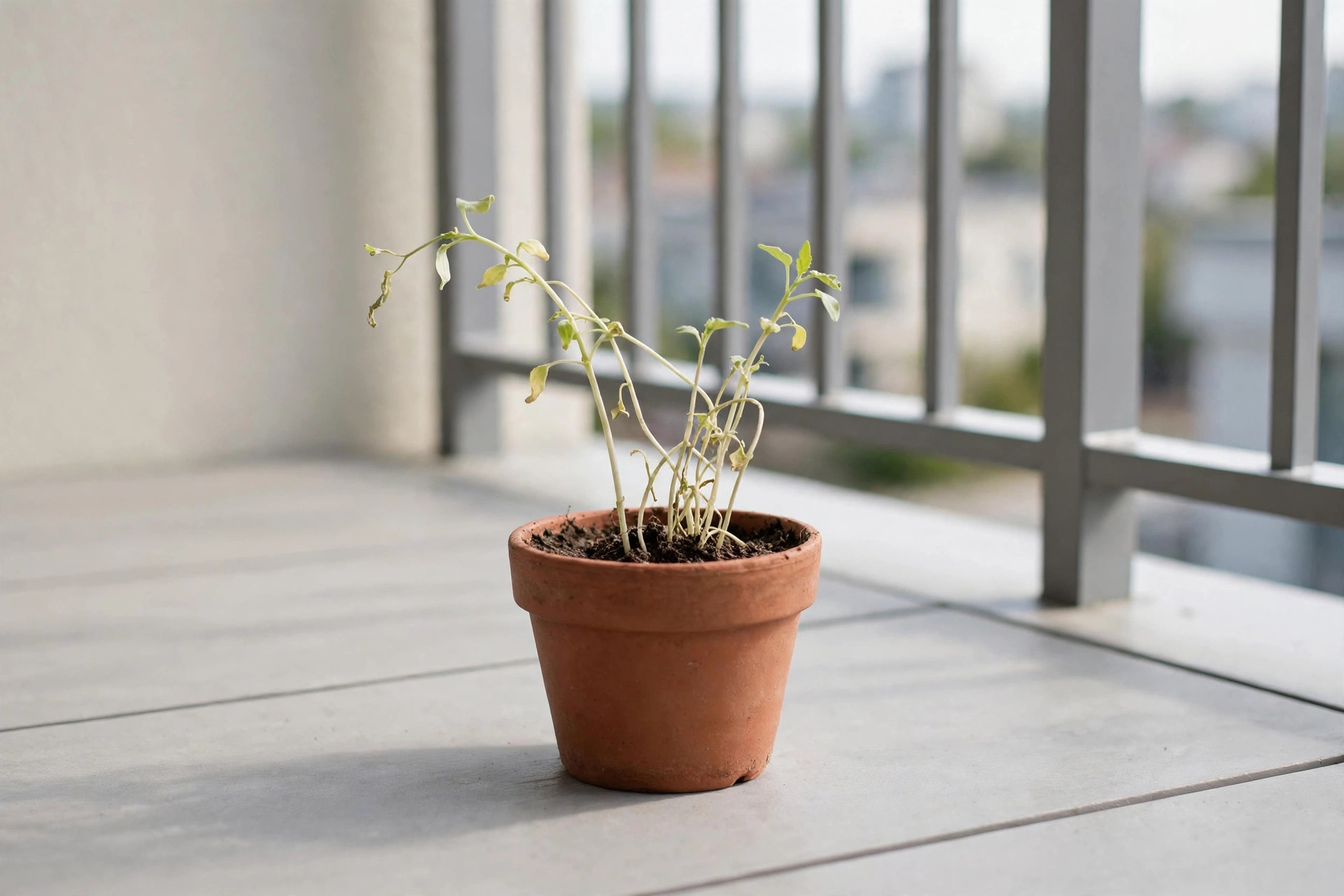 Pale, thin stunted seedlings crowded together in one small terracotta pot on a balcony floor