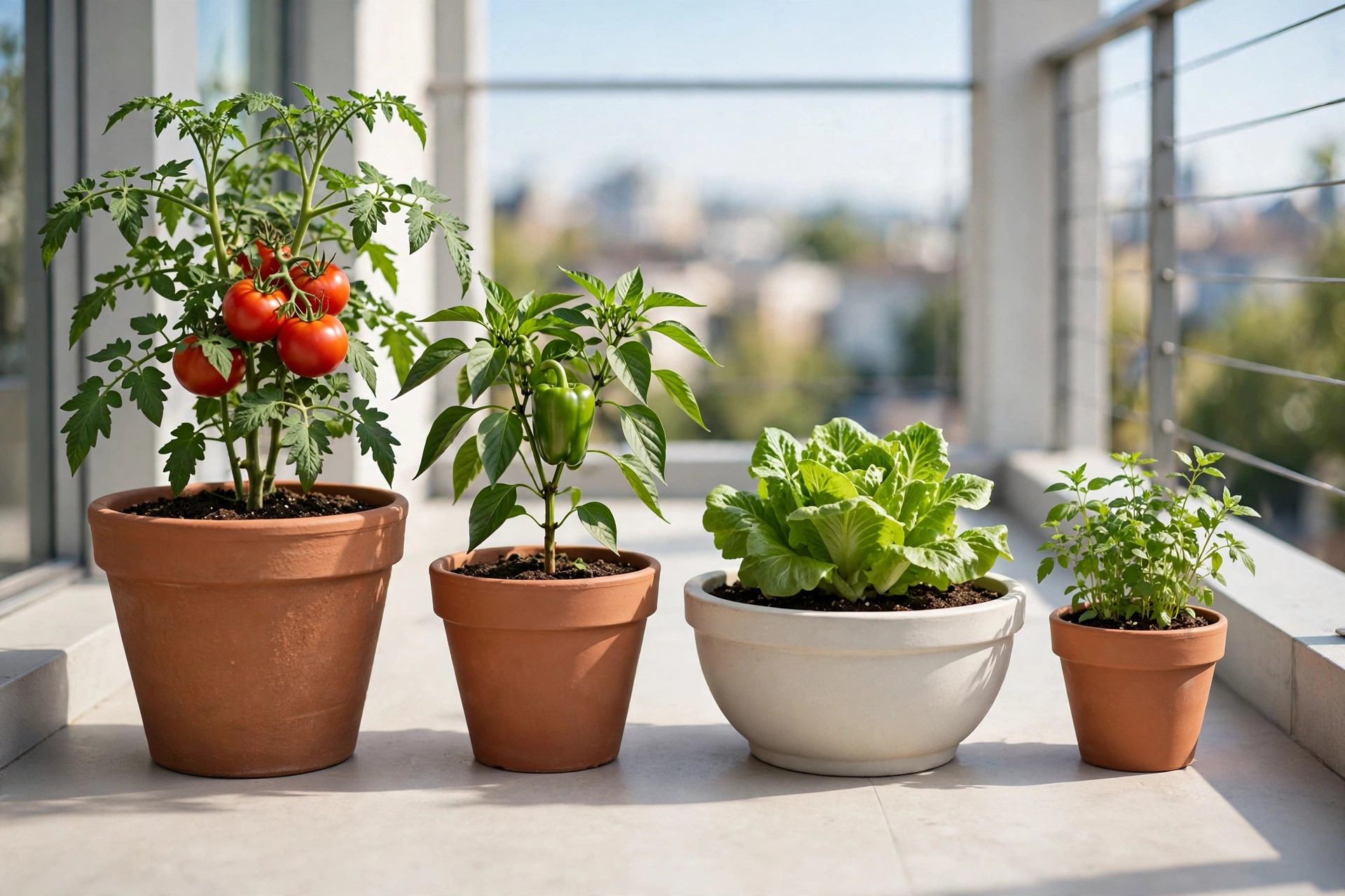 Four graded pots in a row on a sunny balcony, each holding one healthy crop: a tomato plant with red fruit, a pepper plant, a lettuce plant and a small herb plant