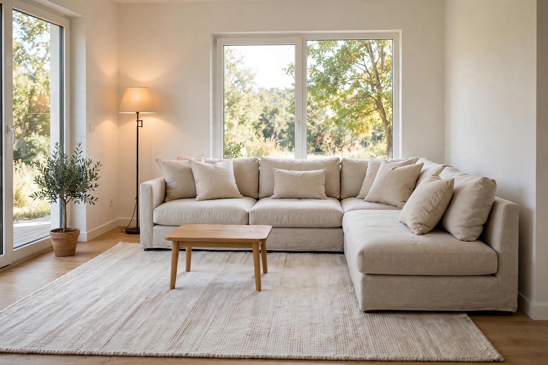 Small living room with a light L-shaped sofa on a large light rug and a glowing corner floor lamp