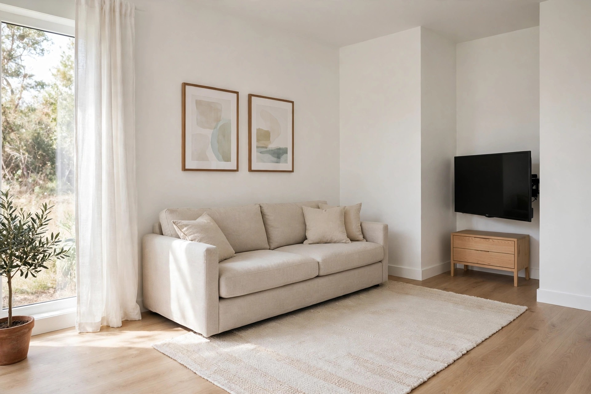 Small living room with a light sofa angled toward a television mounted in a corner alcove