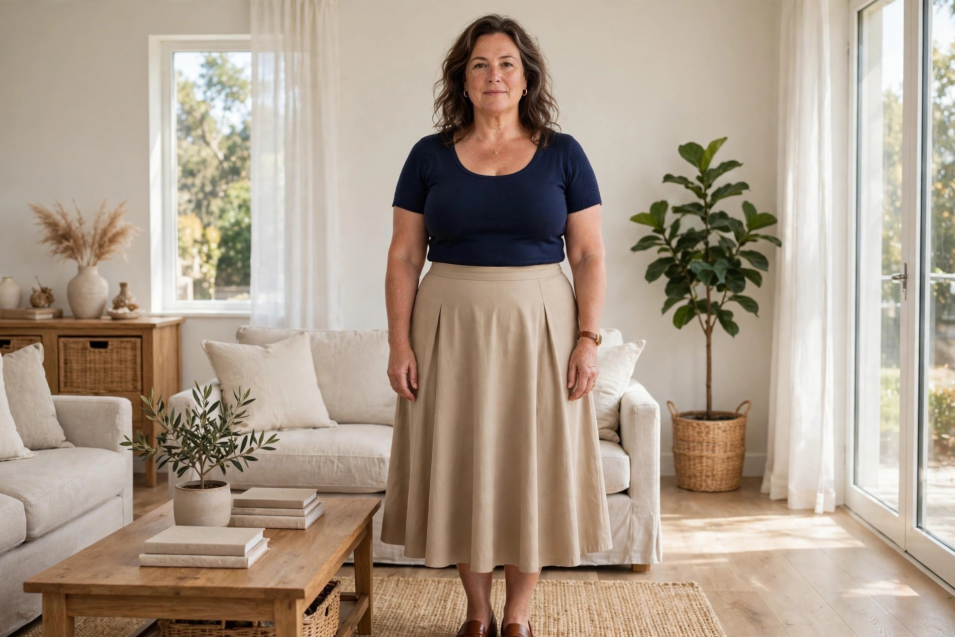 Top heavy woman wearing a scoop neck top with a full A-line skirt
