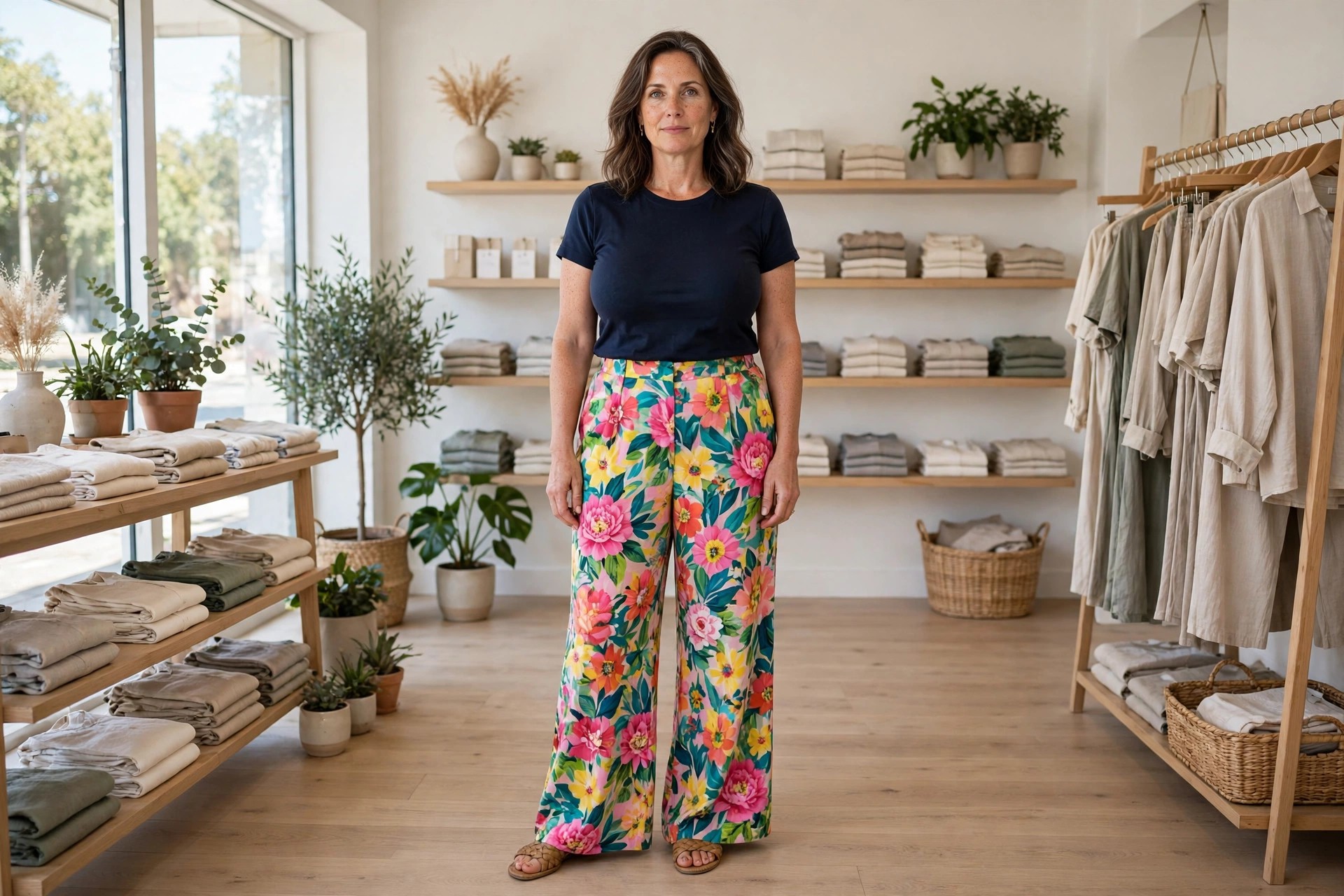 Top heavy woman wearing a plain dark top with bright floral wide leg trousers