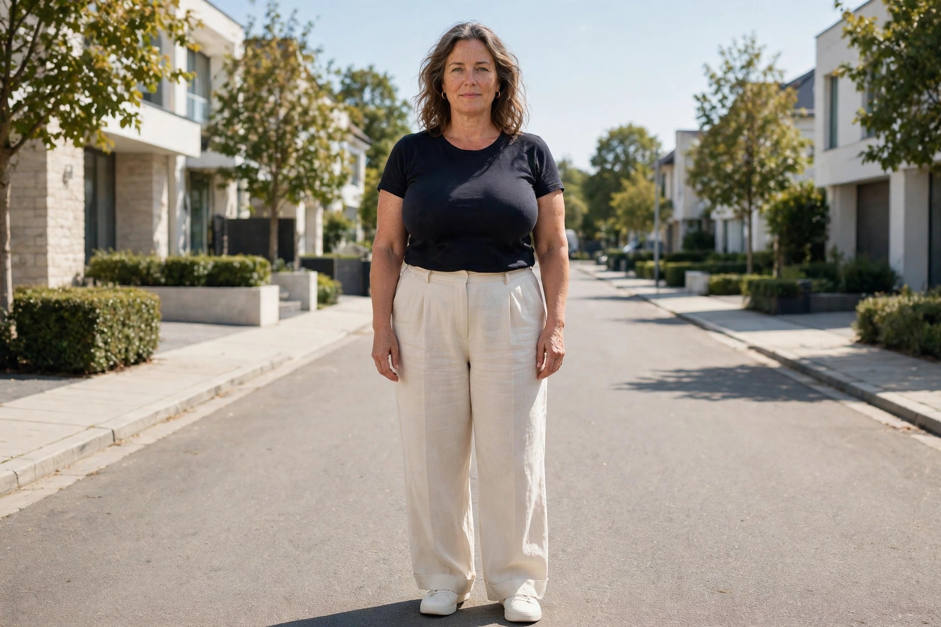 Top heavy woman wearing wide leg cream trousers with a simple dark top