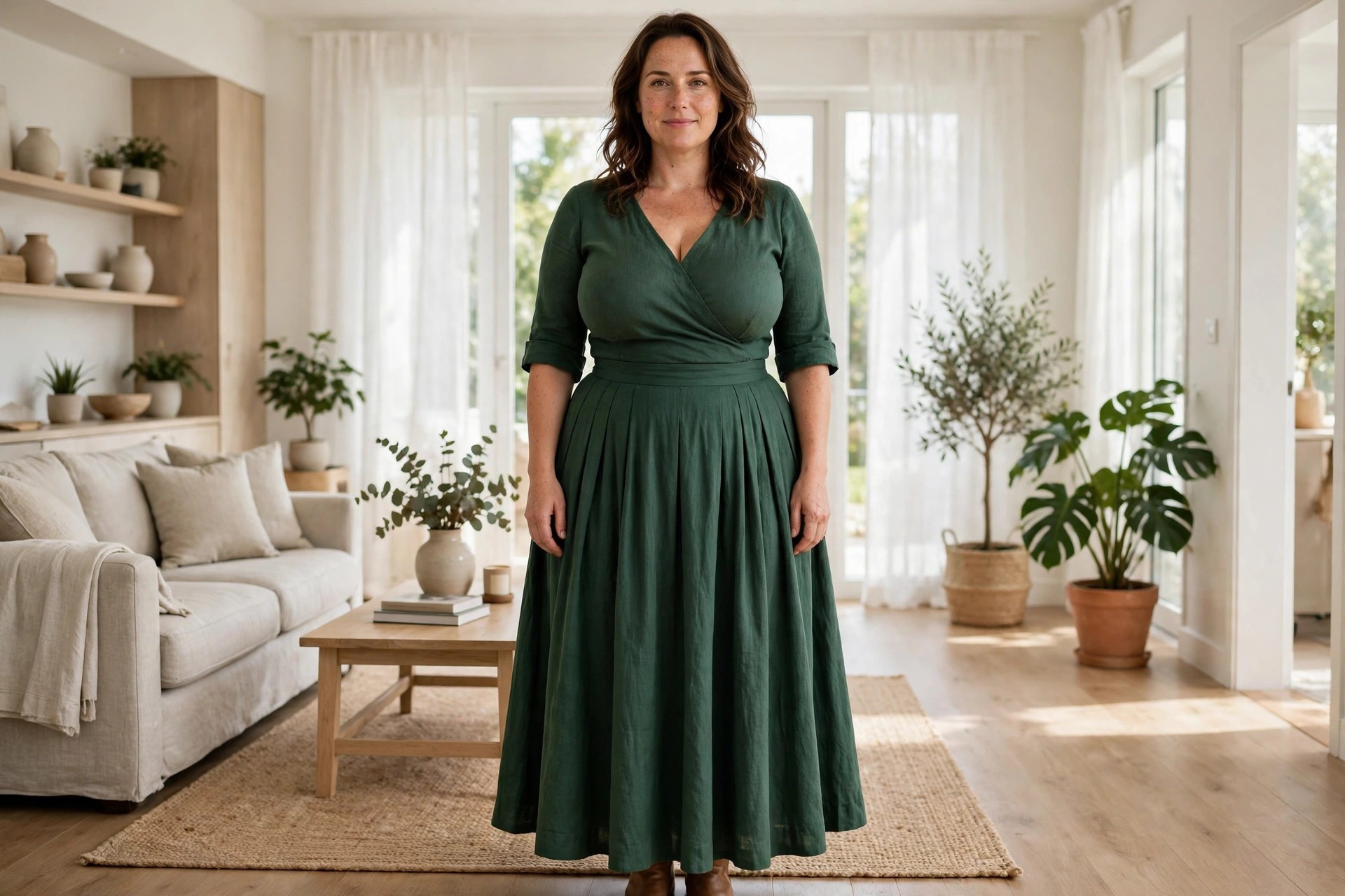 Top heavy woman wearing a full A-line skirt with a fitted green top