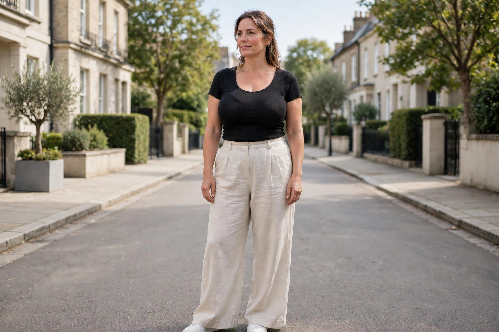 Top heavy woman wearing a skimming dark top with light wide trousers