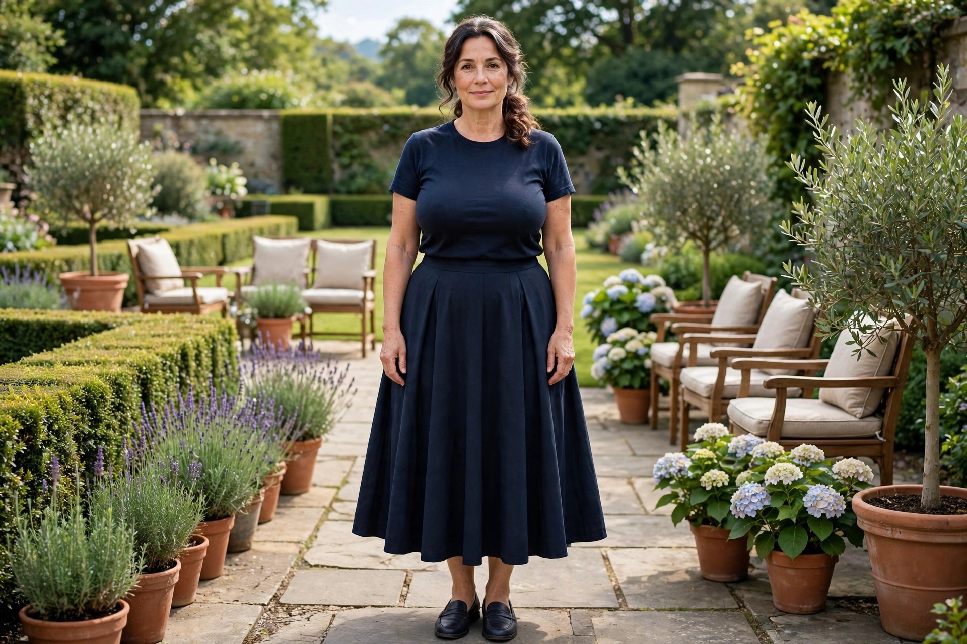 Top heavy woman wearing a plain top with clean short sleeves and a full skirt