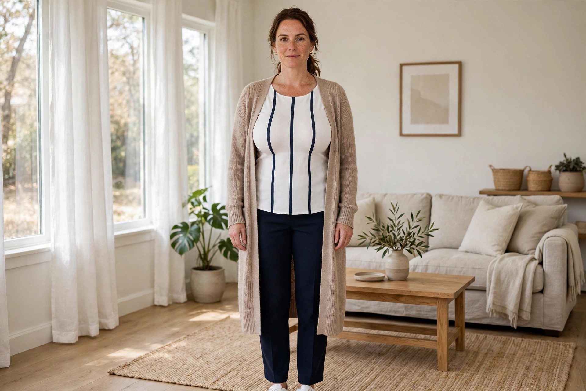 Top heavy woman wearing a long open cardigan that draws two vertical lines