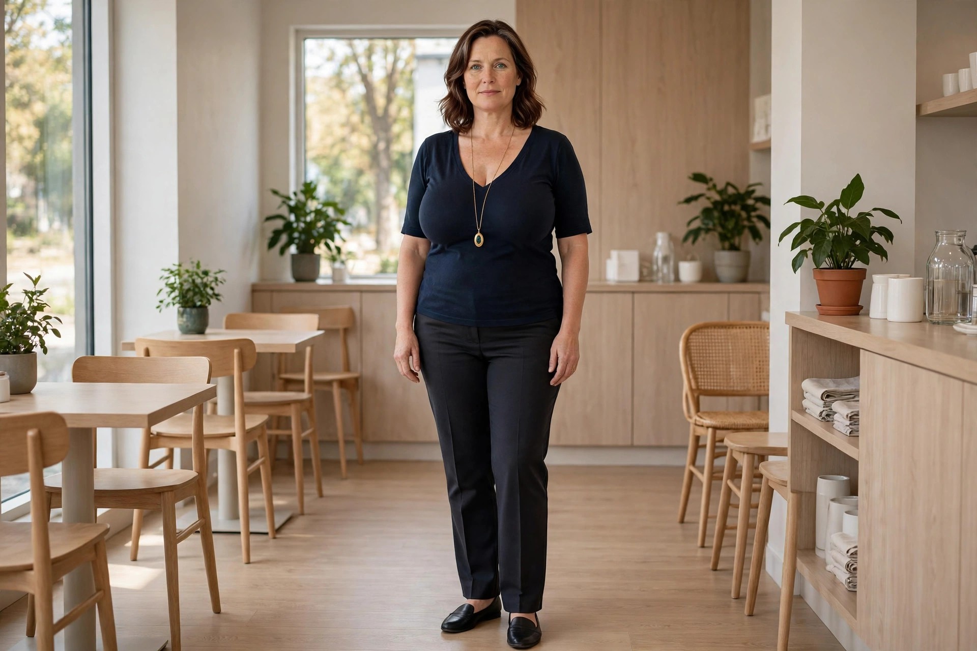 Top heavy woman wearing a long pendant necklace over a dark V-neck top