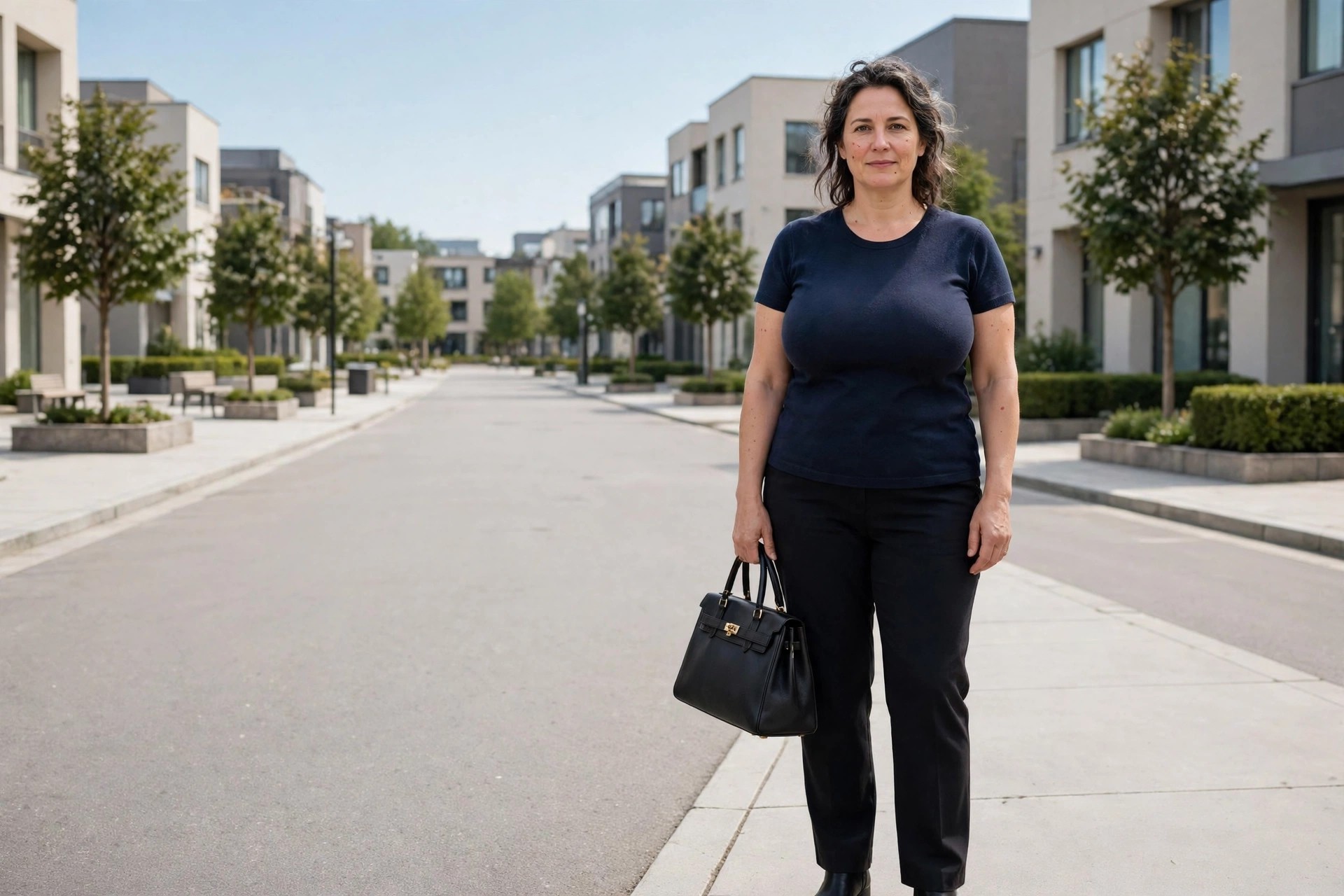 Top heavy woman carrying a structured handbag at hip level