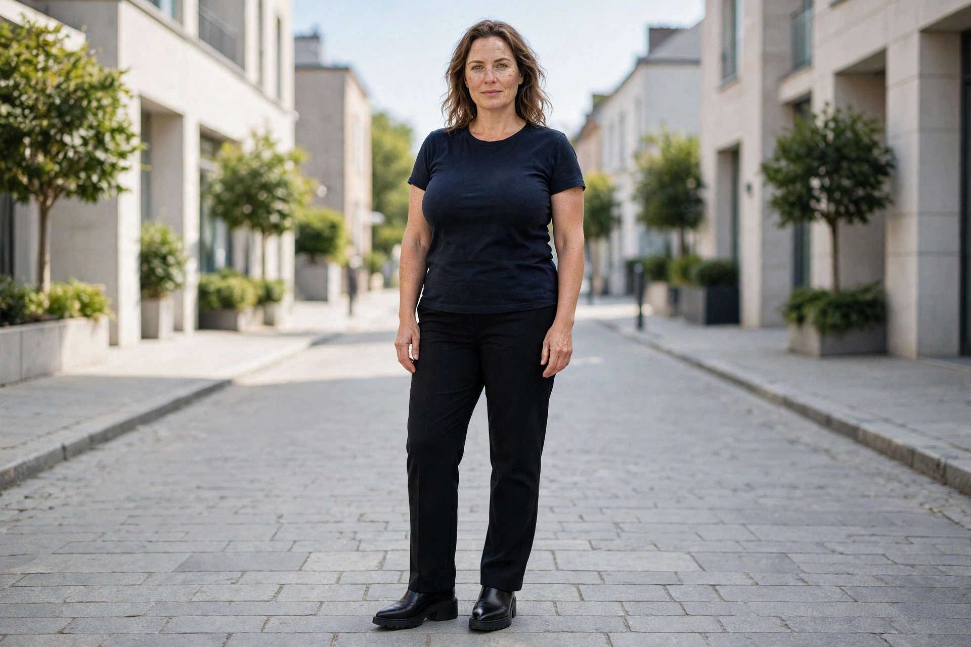 Top heavy woman wearing firm block heel shoes with a plain dark outfit